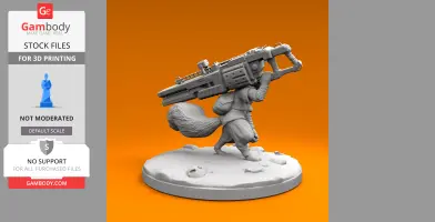 Fennec fox miniature carrying a large futuristic weapon, standing on a textured base.