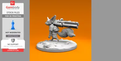Fennec fox miniature armed with a large futuristic weapon, standing on a textured base.