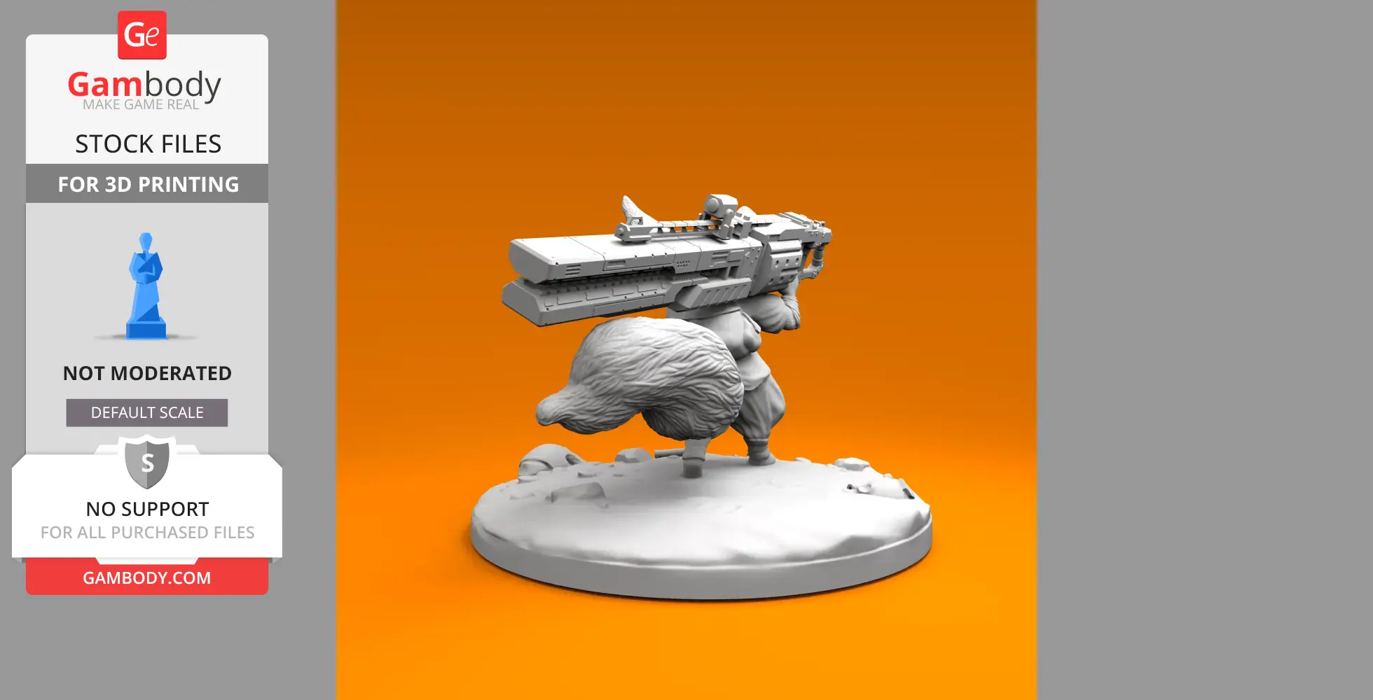 Armed fennec fox miniature with large weapon, standing on a base, designed for 3D printing.