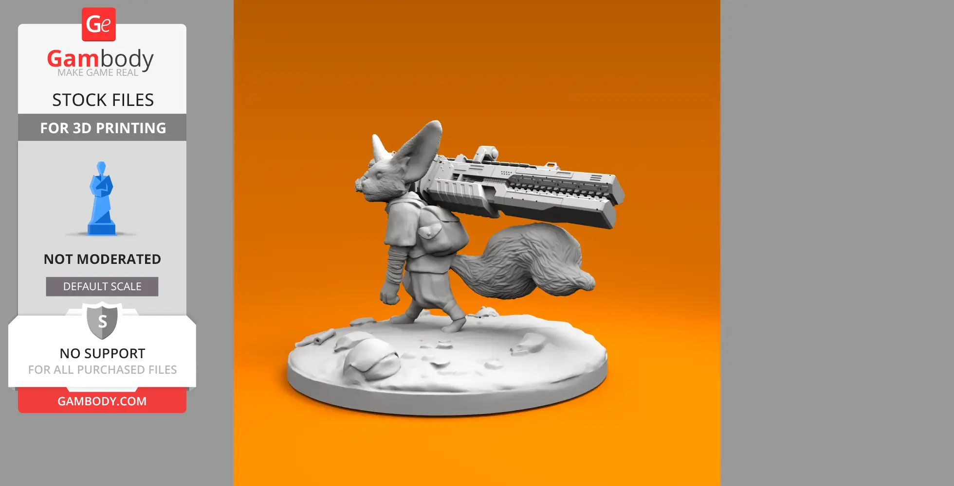 Fennec fox miniature armed with a large futuristic weapon, standing on a textured base.