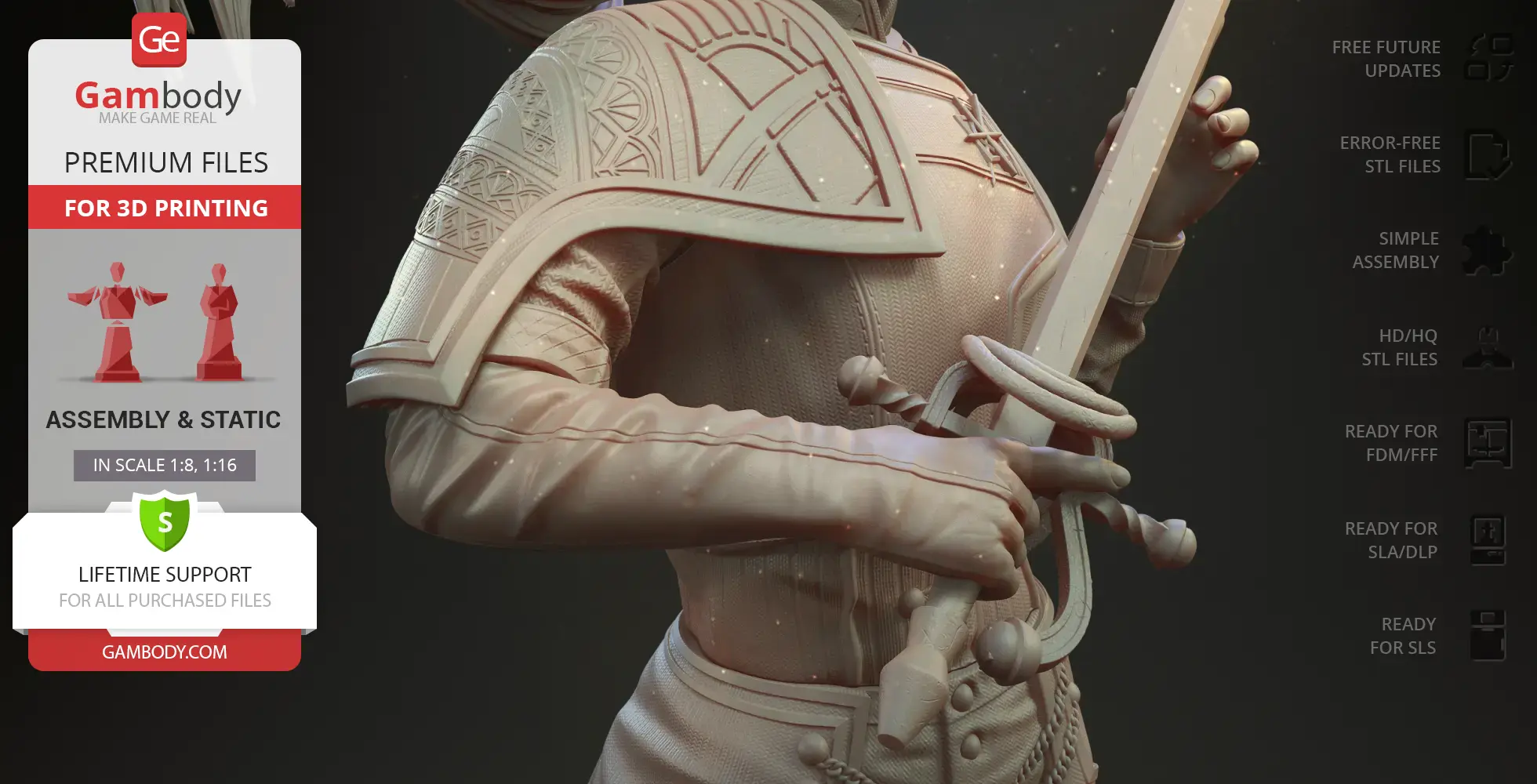 A detailed 3D model of a figure in ornate armor holding a sword, suitable for 3D printing.