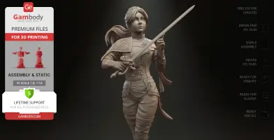 A 3D model of a female warrior in a detailed outfit, holding a sword, available for 3D printing.