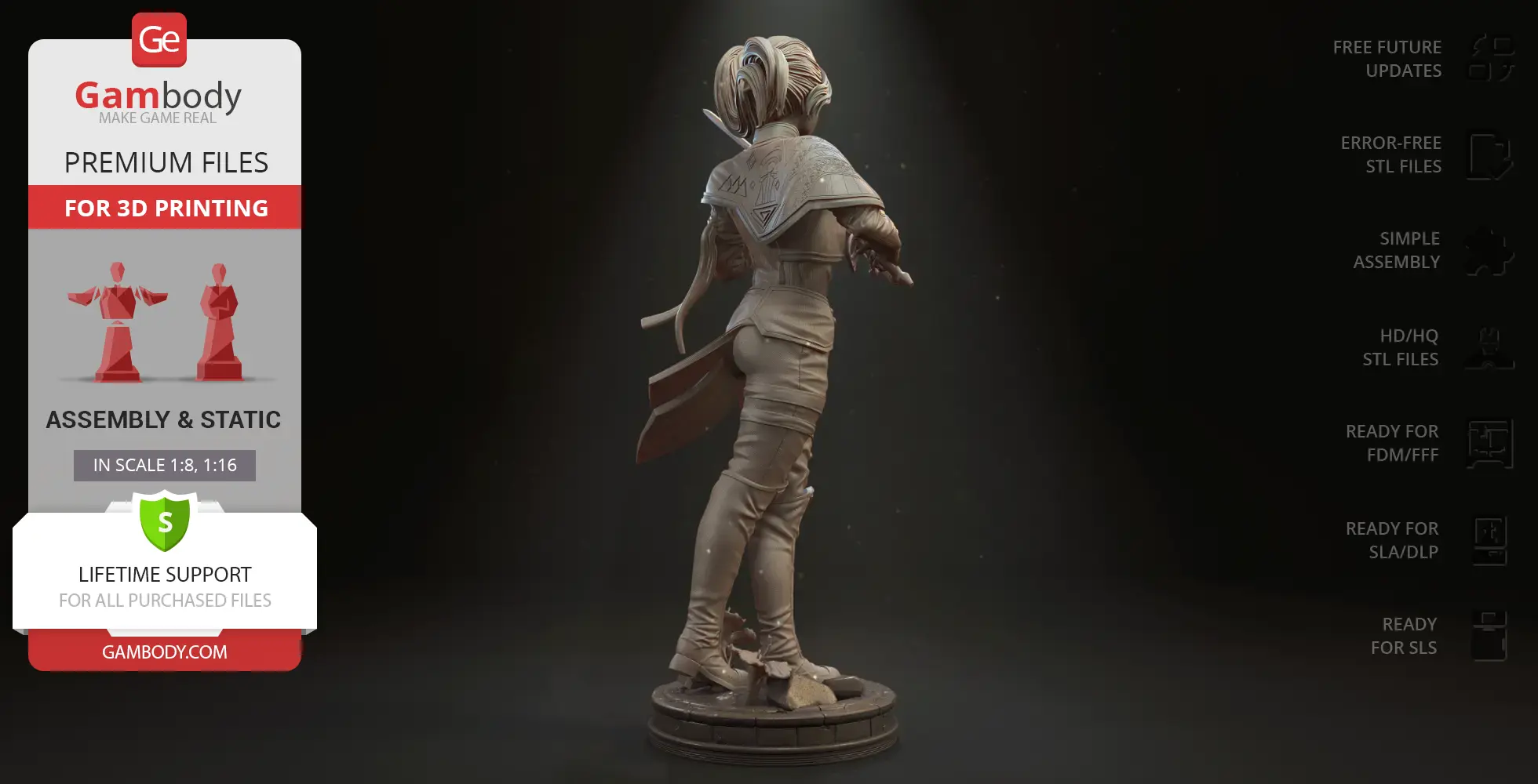 A 3D model of a futuristic character in detailed attire, standing on a base, ready for 3D printing.