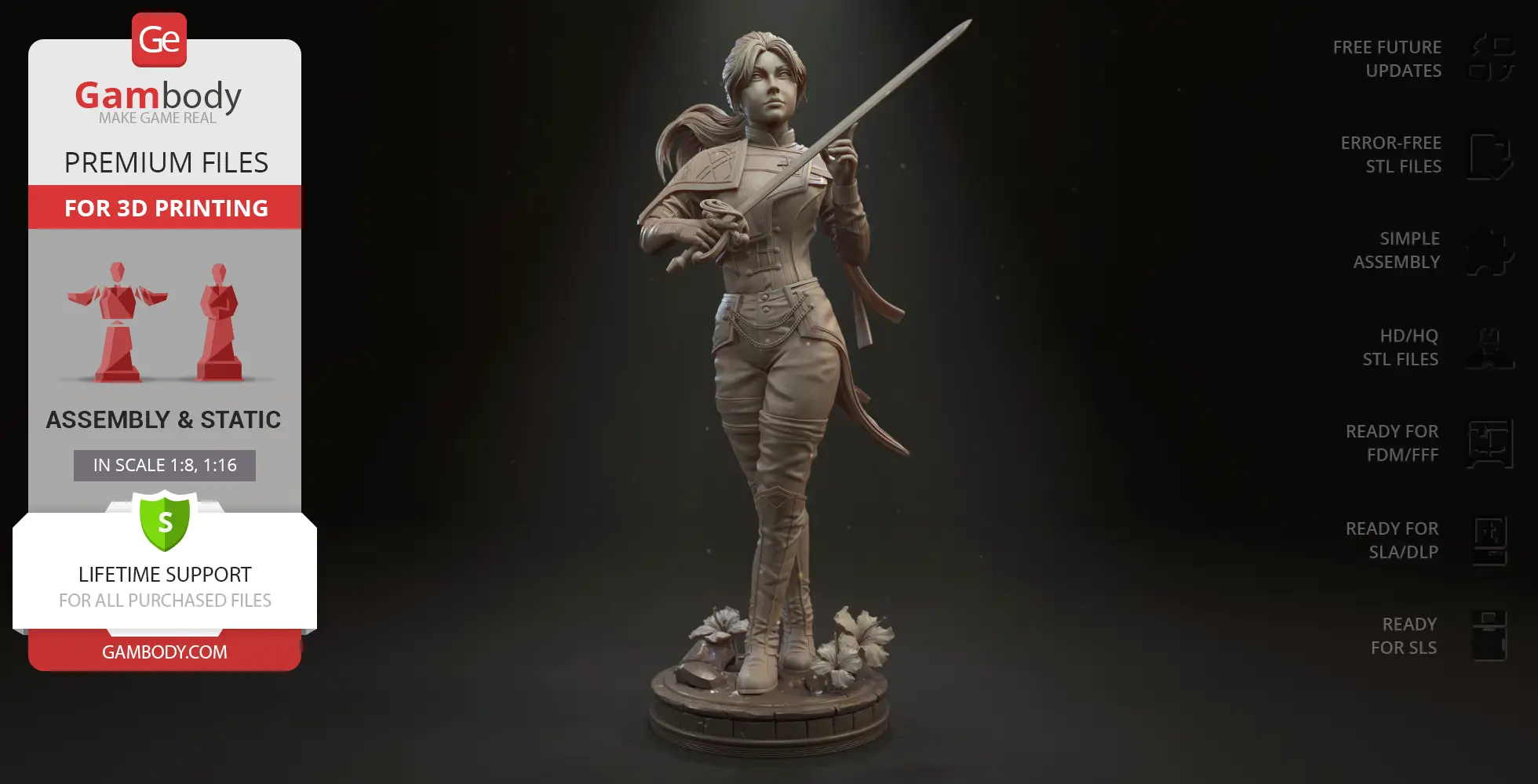 A 3D model of a female character wielding a sword, in adventure attire, standing on a decorated base.