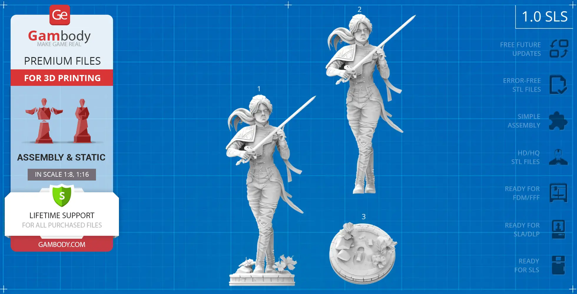 A female warrior with a sword, dynamic pose, and detailed base, designed for 3D printing.