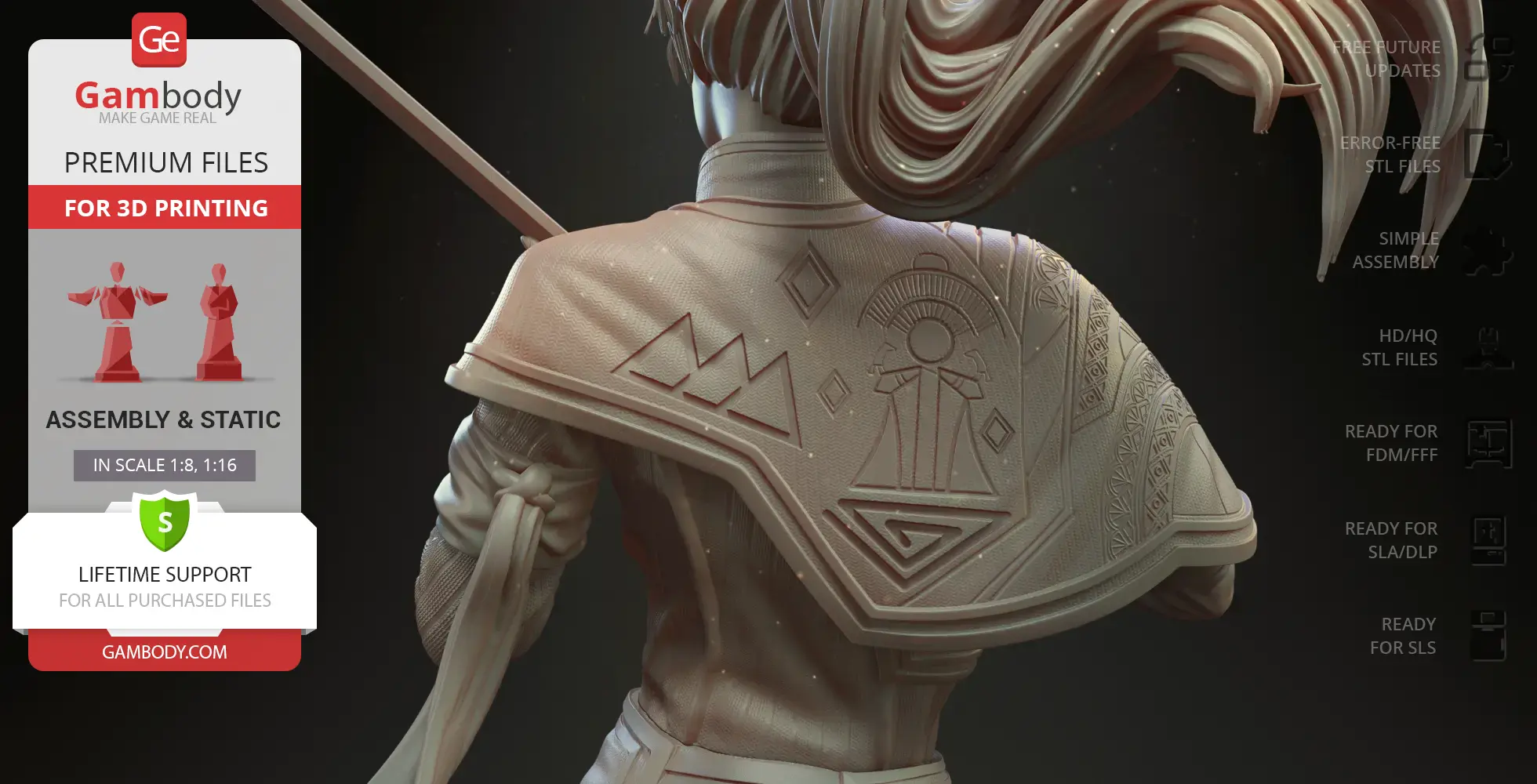 A detailed 3D model of a character with intricate geometric designs on the cloak, ready for 3D printing.