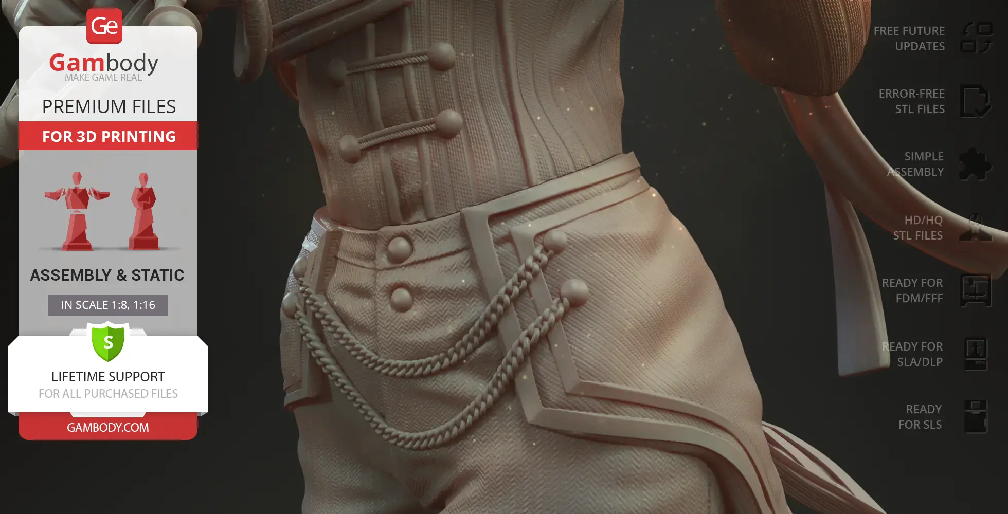 Close-up of a detailed 3D model of a character's waist with intricate clothing and accessories.