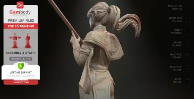A 3D model of a figure with a ponytail holding a sword, wearing a detailed cloak.
