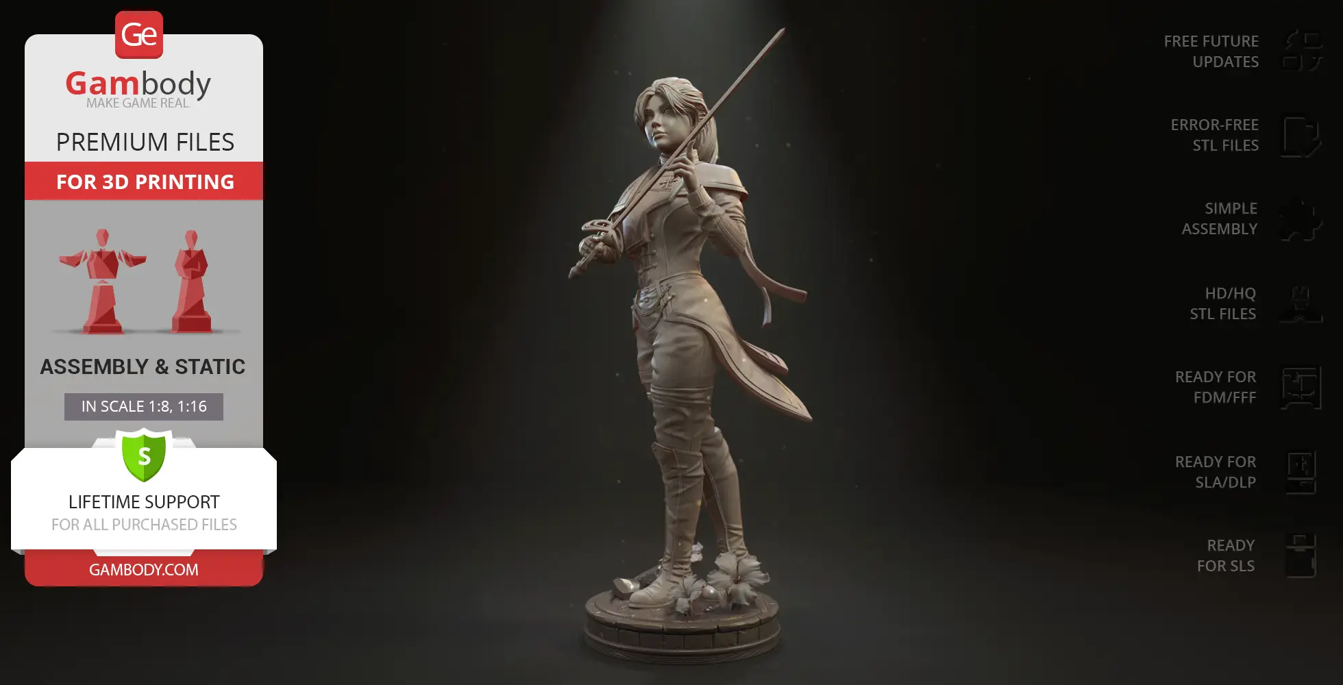 A detailed 3D model of a warrior woman holding a sword, wearing a long coat and standing on a decorative base.