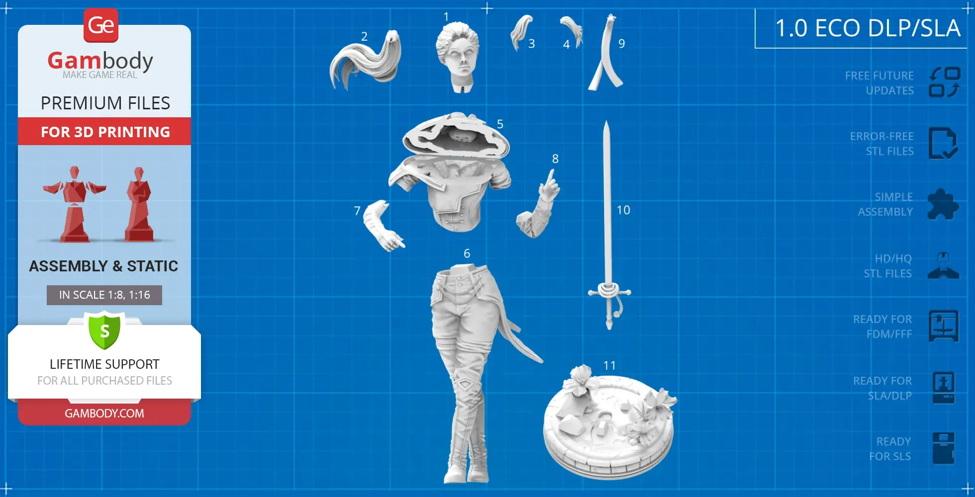 3D model kit of a female character with interchangeable parts and a base, designed for assembly and printing.