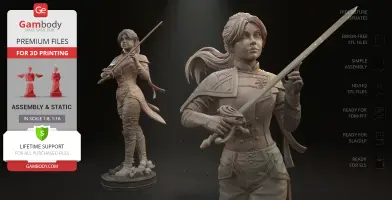 A detailed 3D model of a warrior woman holding a sword, ready for 3D printing.