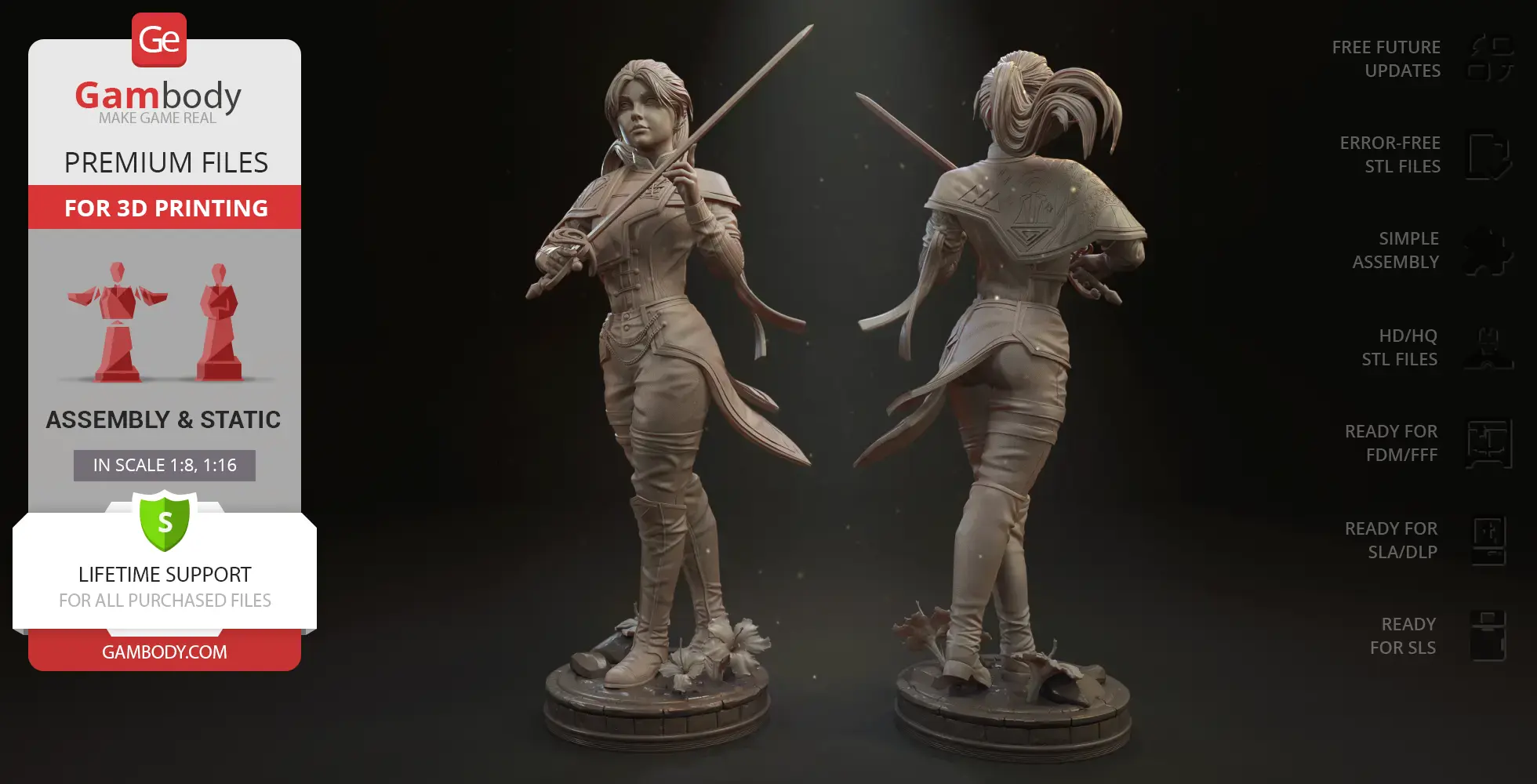 A detailed 3D model of a female warrior holding swords, shown from front and back on circular bases.
