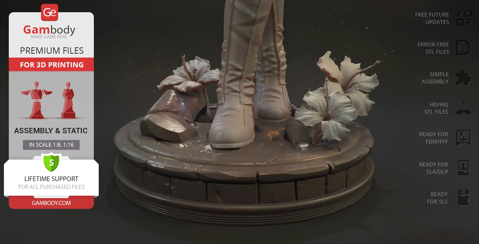 3D model base featuring detailed boots and flowers on a circular platform for printing.