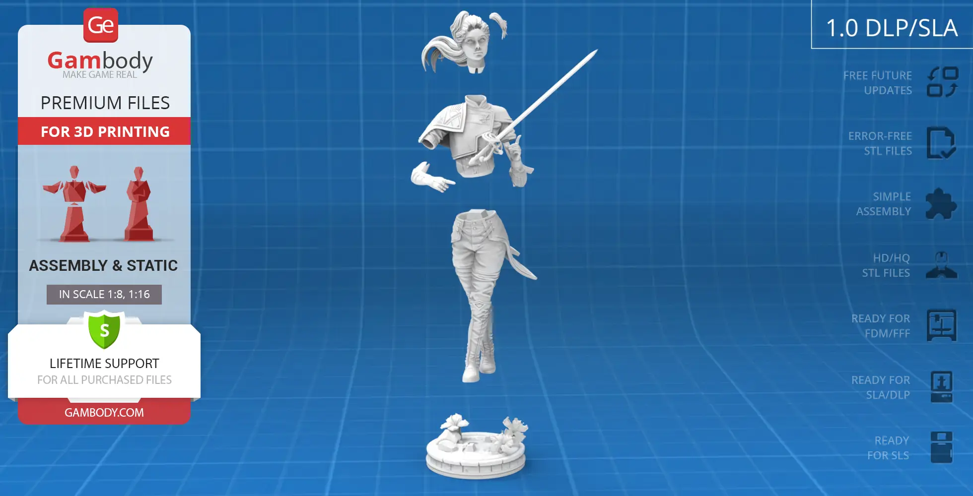 3D printed female warrior figure divided into modular parts, holding a sword, with a detailed base.