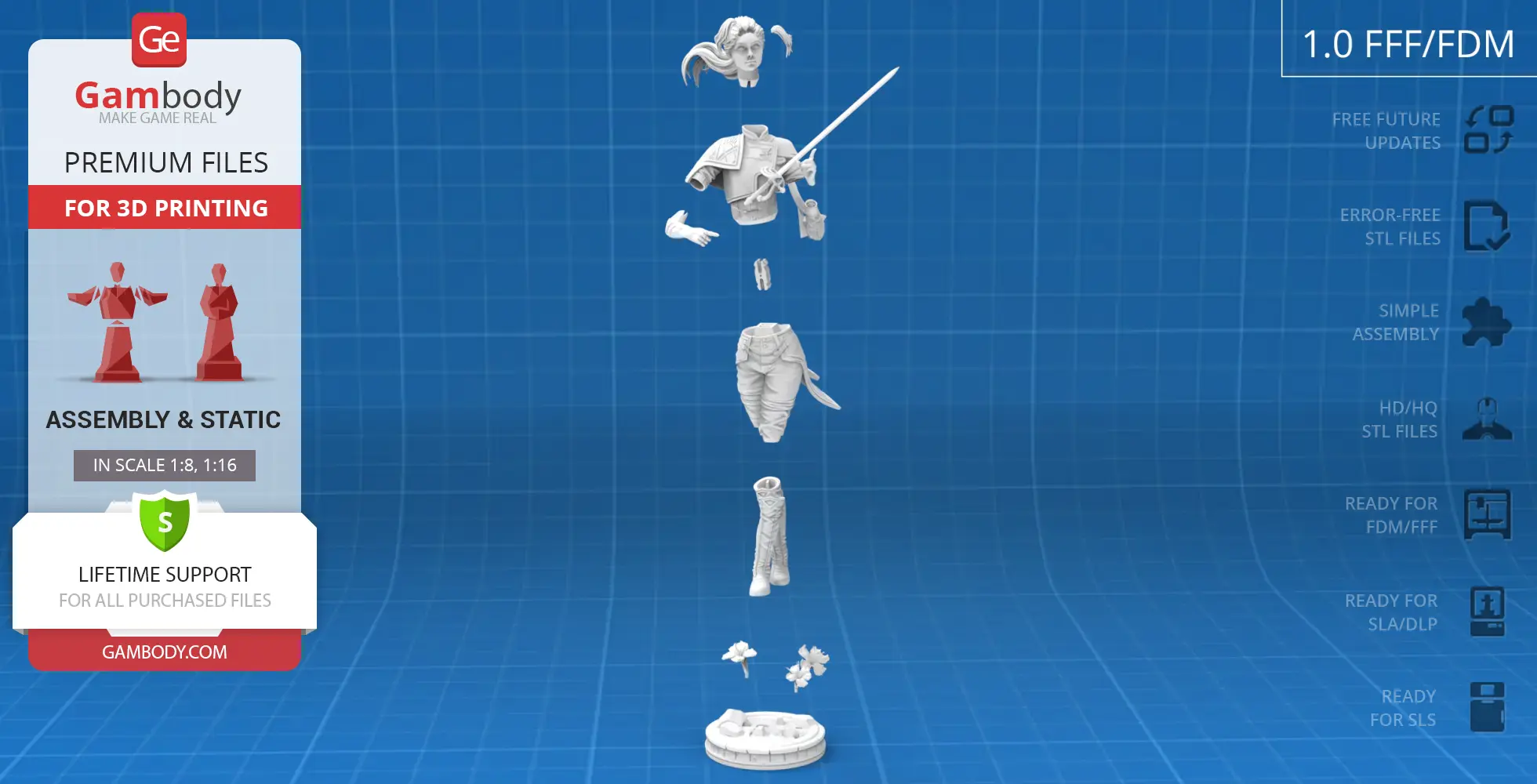 Exploded view of a detailed 3D model figure in parts for assembly and 3D printing.