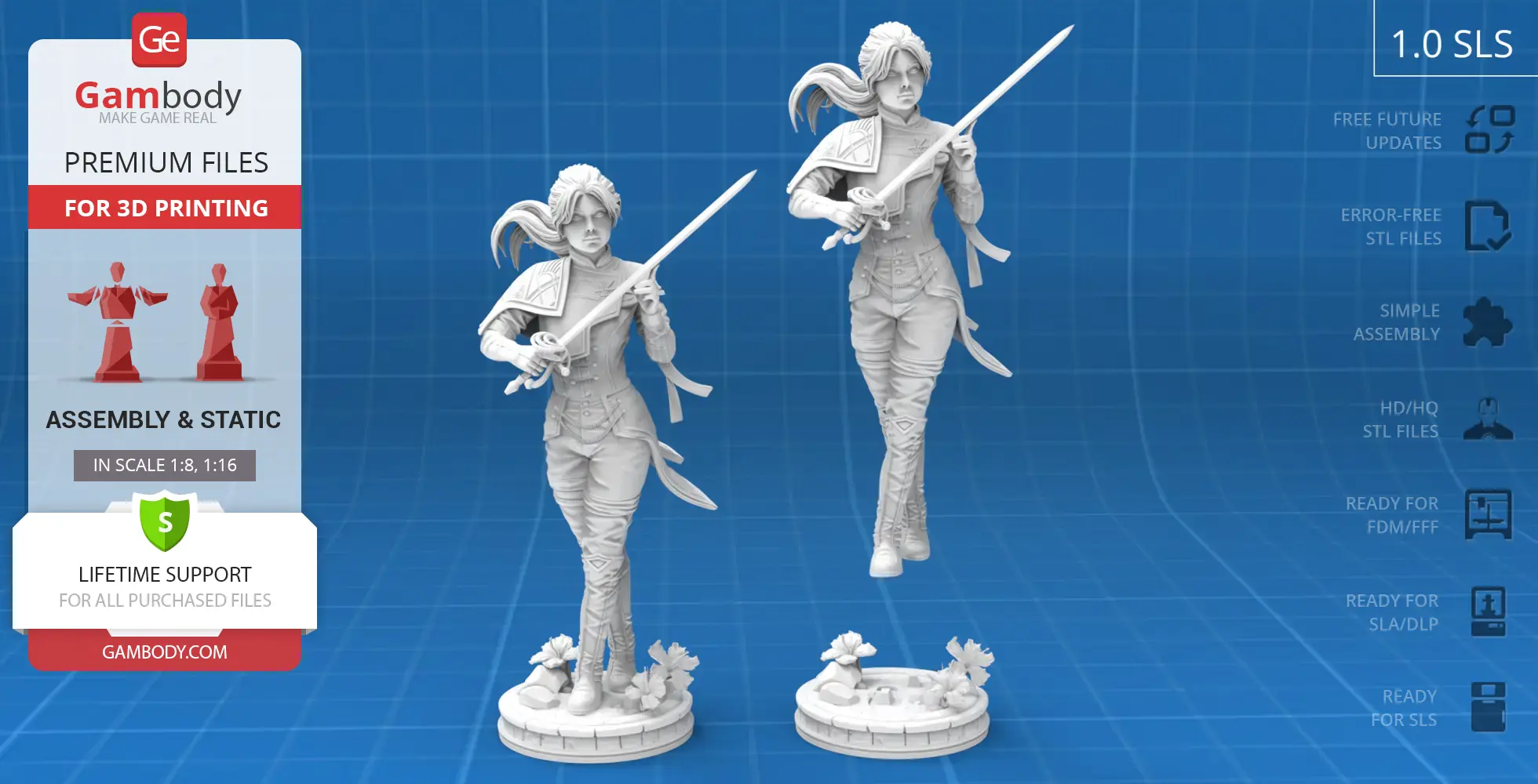 A warrior figure with a sword, standing and action poses, ready for 3D printing.