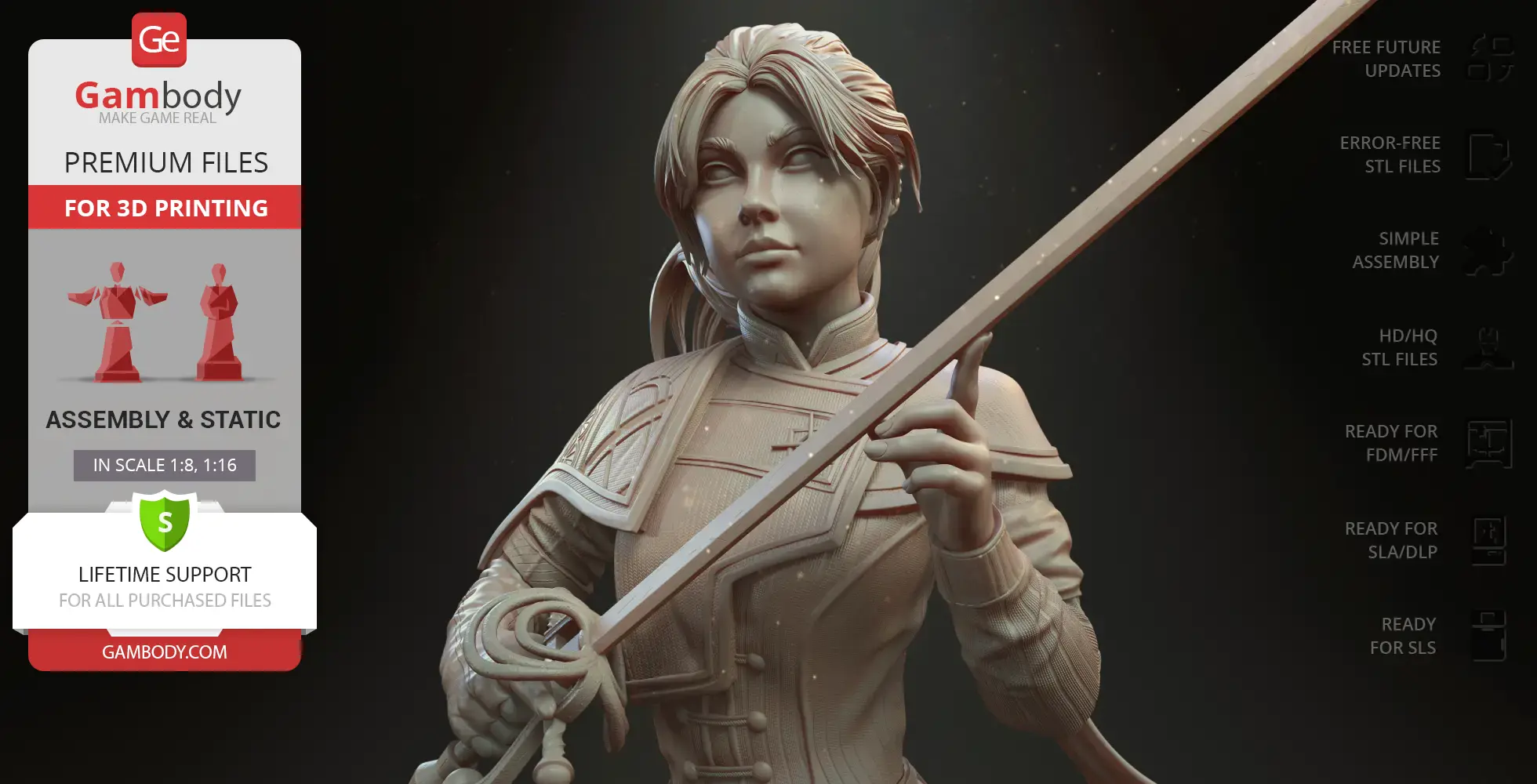 A detailed 3D model of a warrior figure holding a long sword, ready for 3D printing.