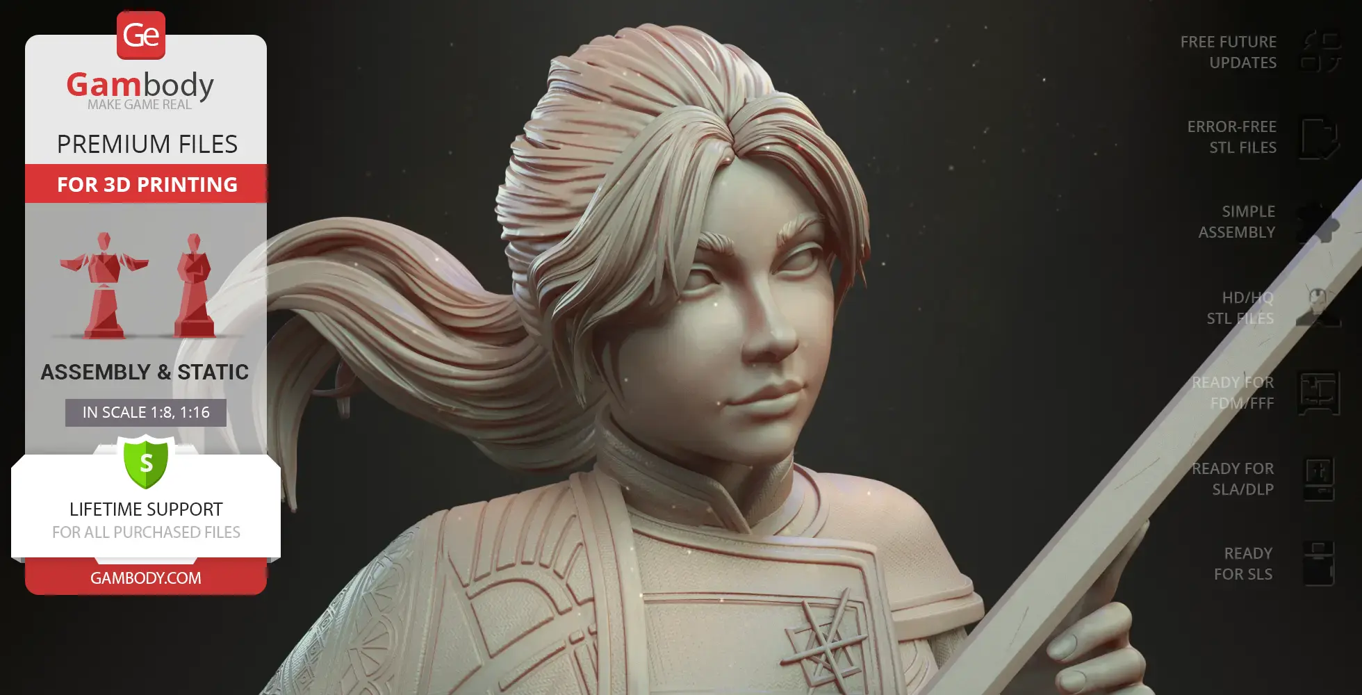 Intricately detailed female warrior 3D model with flowing hair and armor, designed for 3D printing.