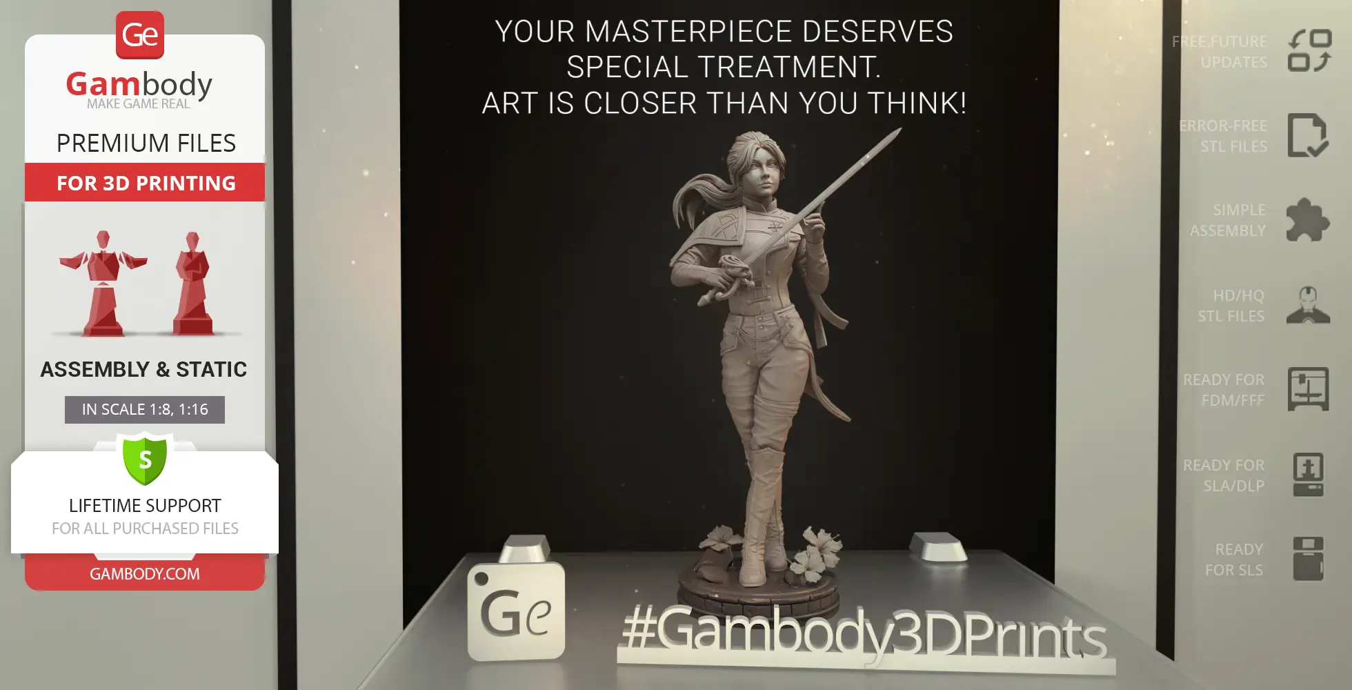 A 3D model figure in a dynamic pose, holding a sword, available for 3D printing from Gambody.