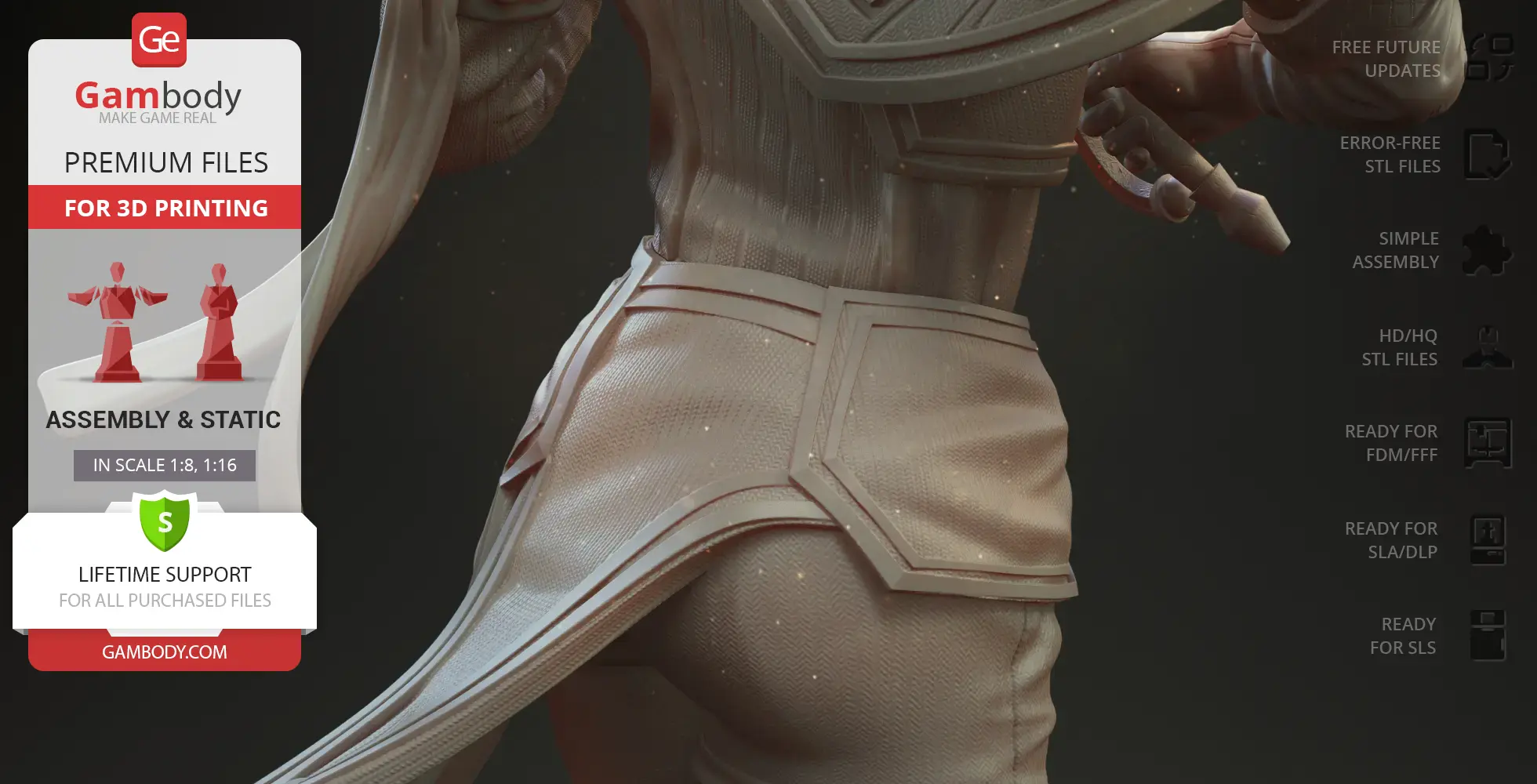 Futuristic armored figure with detailed textile patterns, showcasing back and waist design.