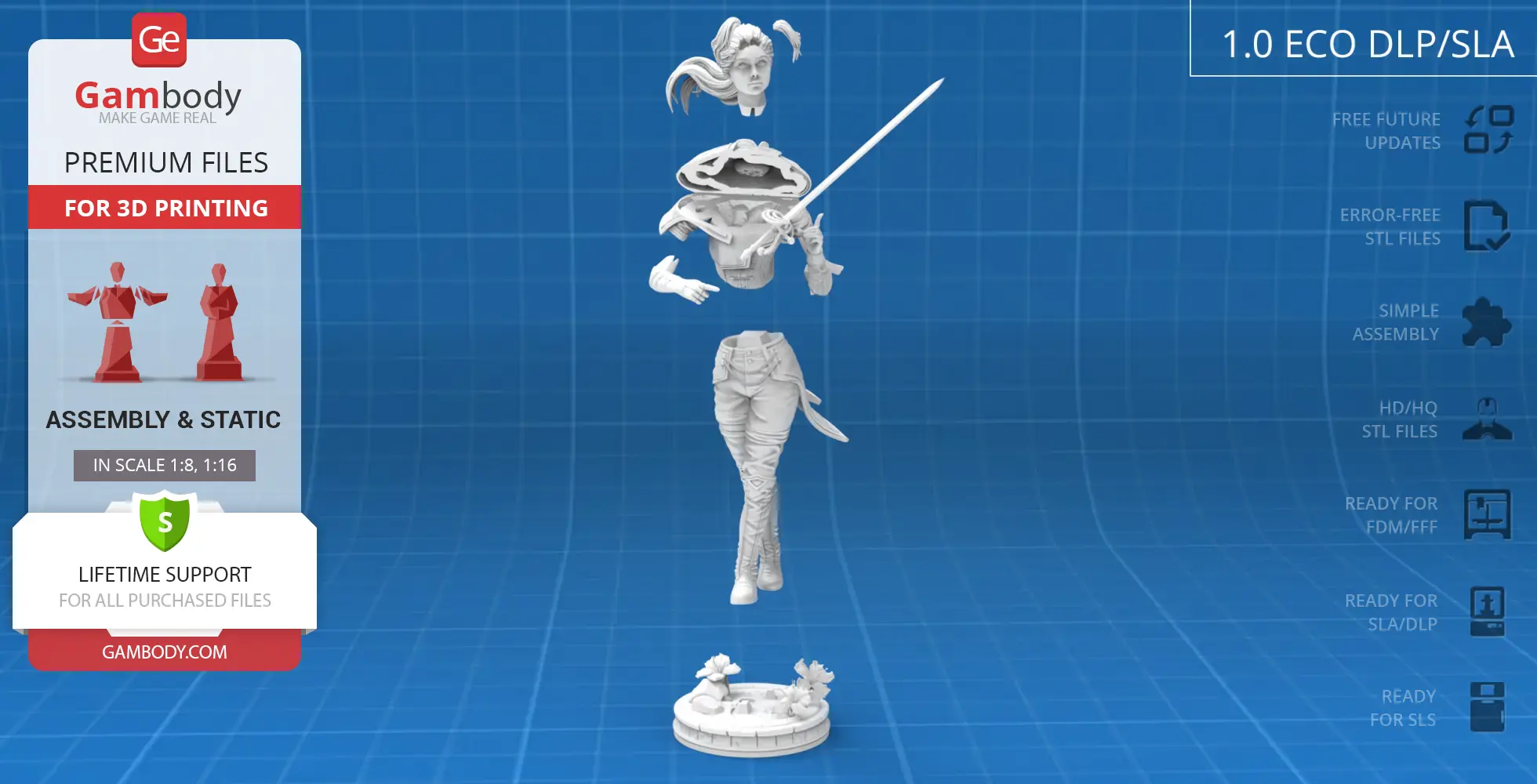 3D model of a female warrior in segments, holding a sword, with a decorative base.