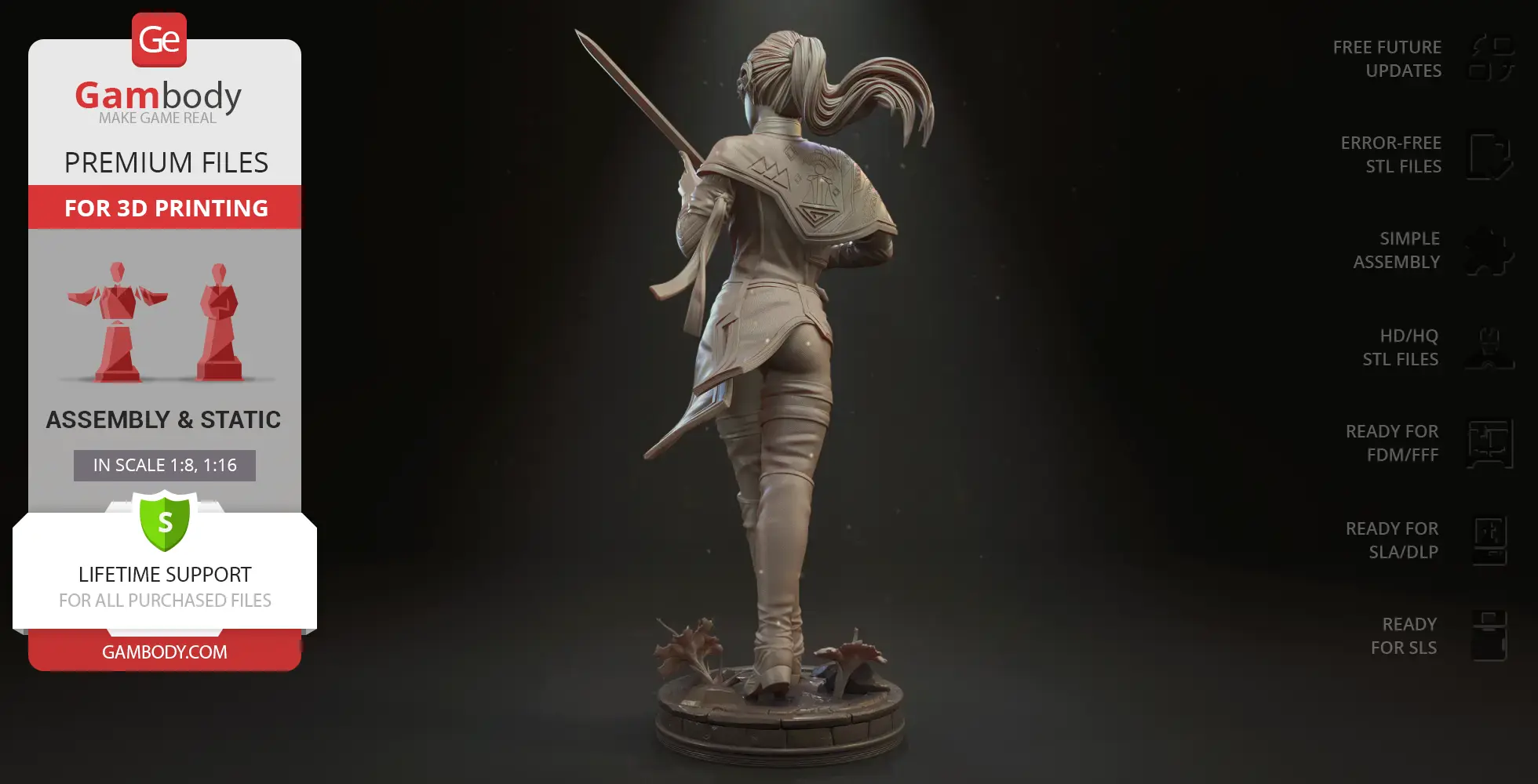 A detailed 3D model of a female warrior with a sword and ponytail, standing on a base with plants.