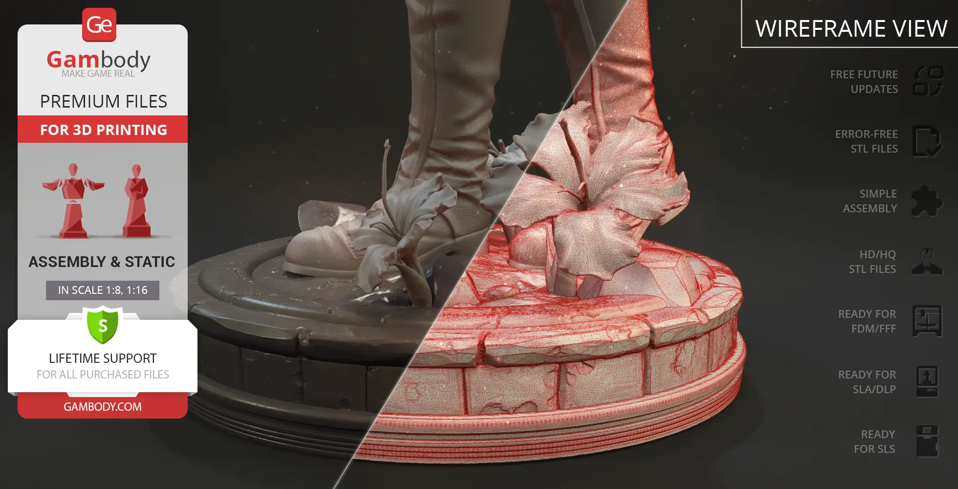 3D model of a character standing on a floral-patterned base, shown in textured and wireframe views.