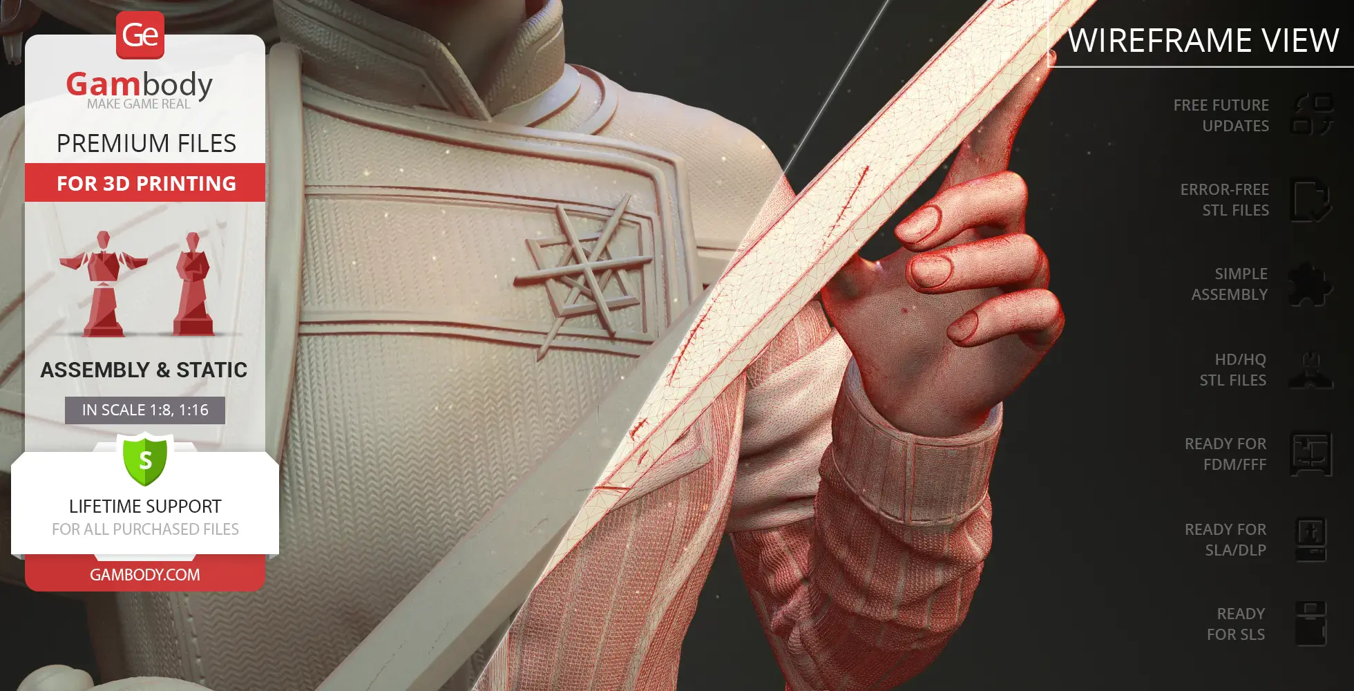 A 3D model with a detailed upper body and hands holding a sword, showcasing wireframe and fabric textures.