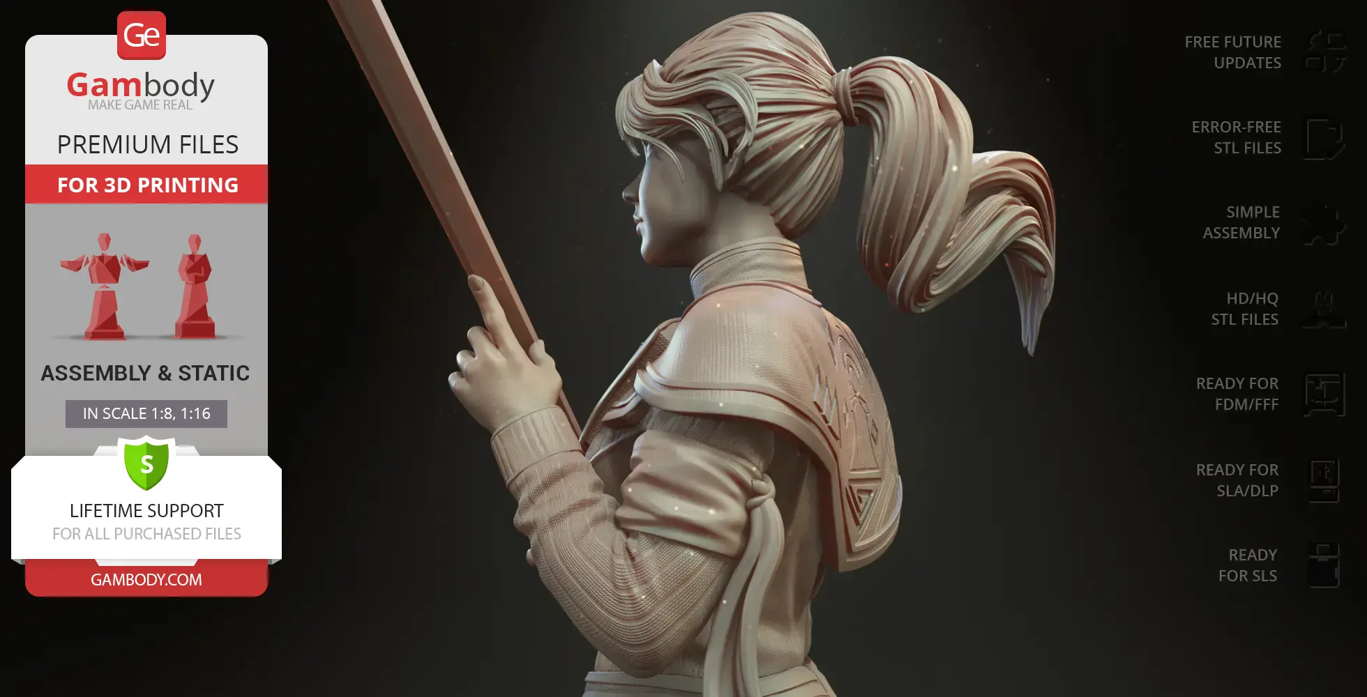 3D model of a woman with a ponytail holding a sword, wearing detailed armor. Ideal for 3D printing.
