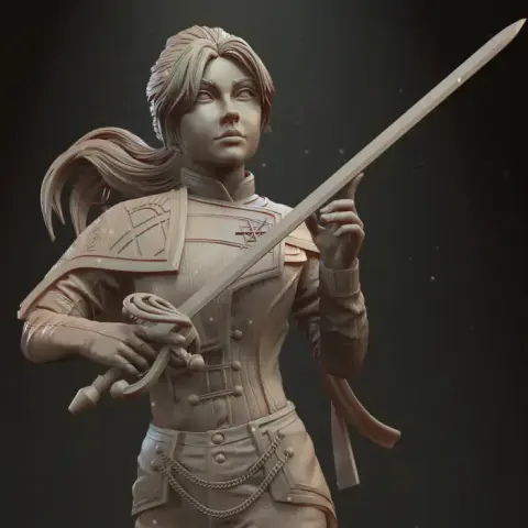 A warrior woman in detailed armor holding a sword, posed confidently, with flowers at her feet.