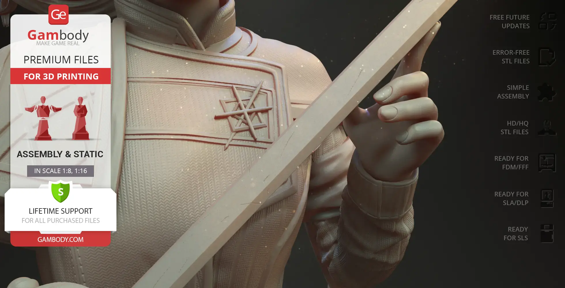 A detailed figure wearing a textured outfit, holding a sword-like object, highlighted for 3D printing.