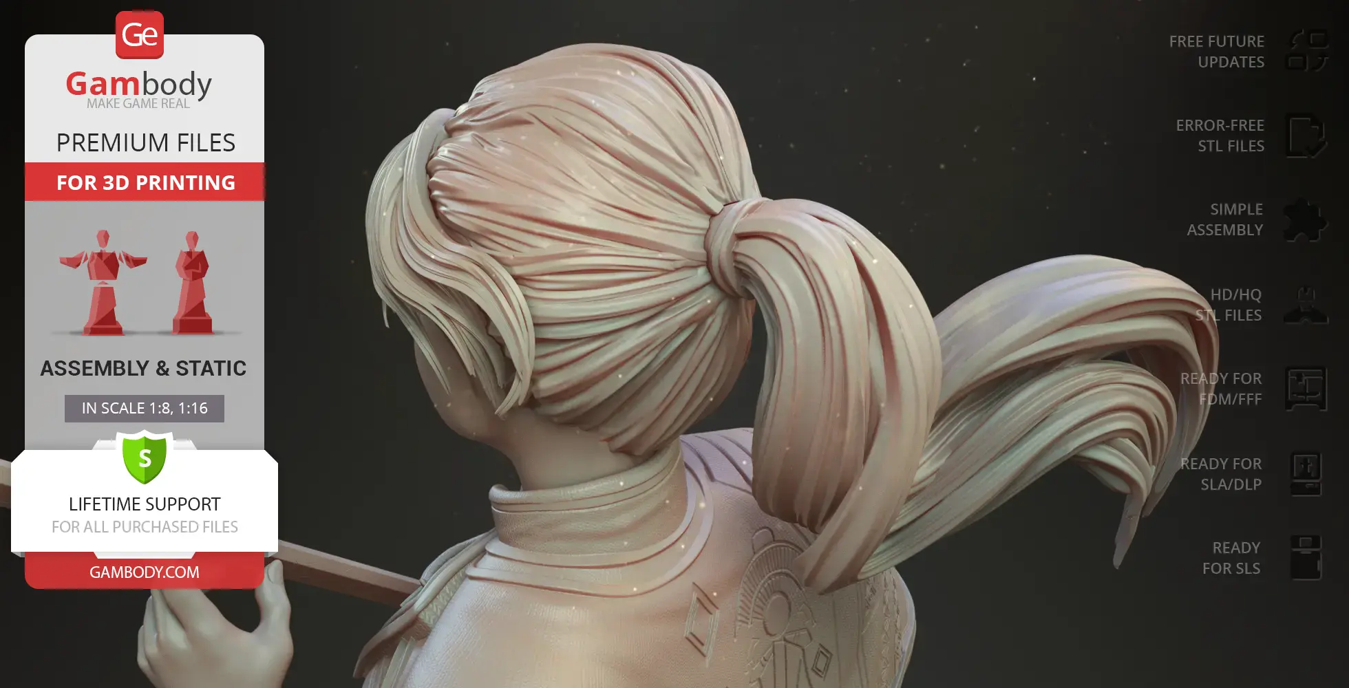 A detailed 3D model of a character with intricate hair tied in a ponytail, ready for 3D printing.