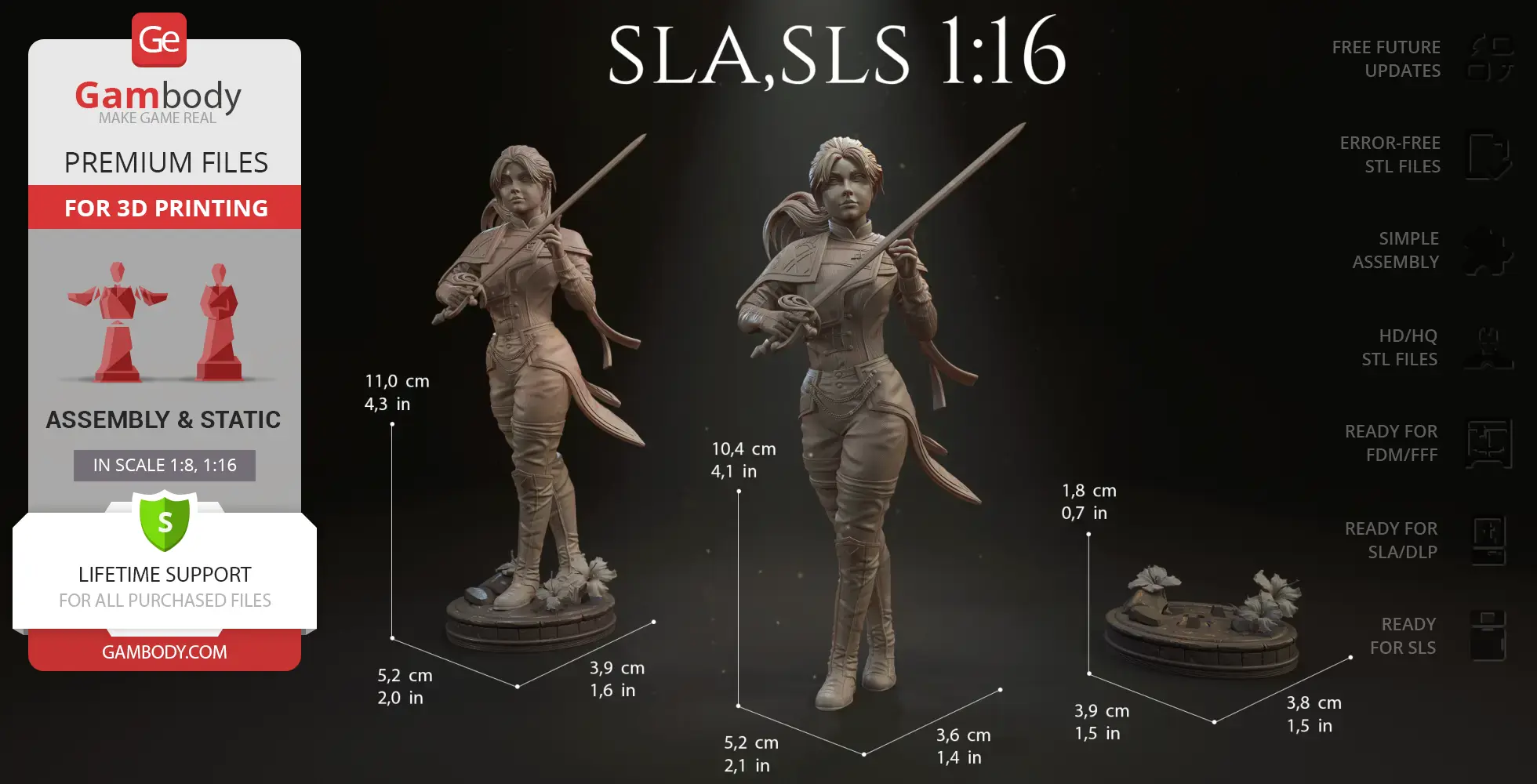 Female character in detailed armor, holding a sword, on a decorative base for 3D printing.