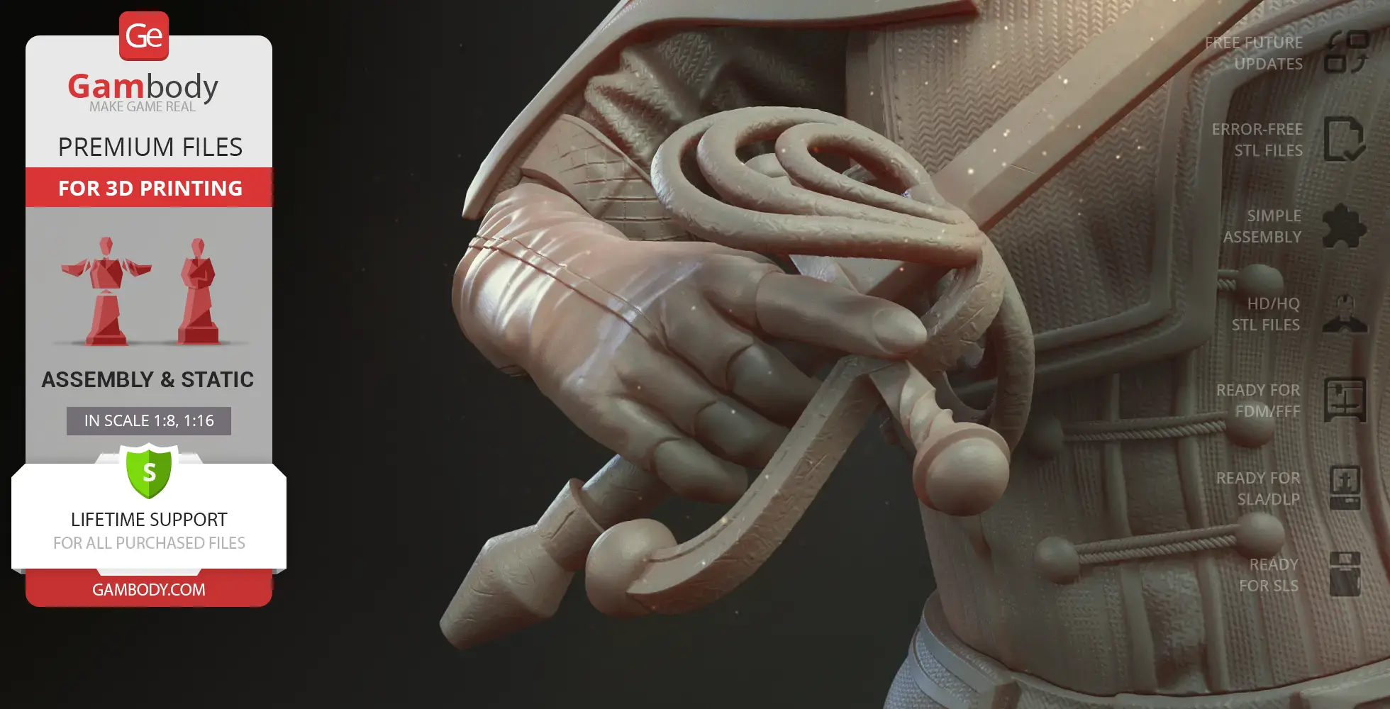 A 3D model of a gloved hand holding a decorative sword.