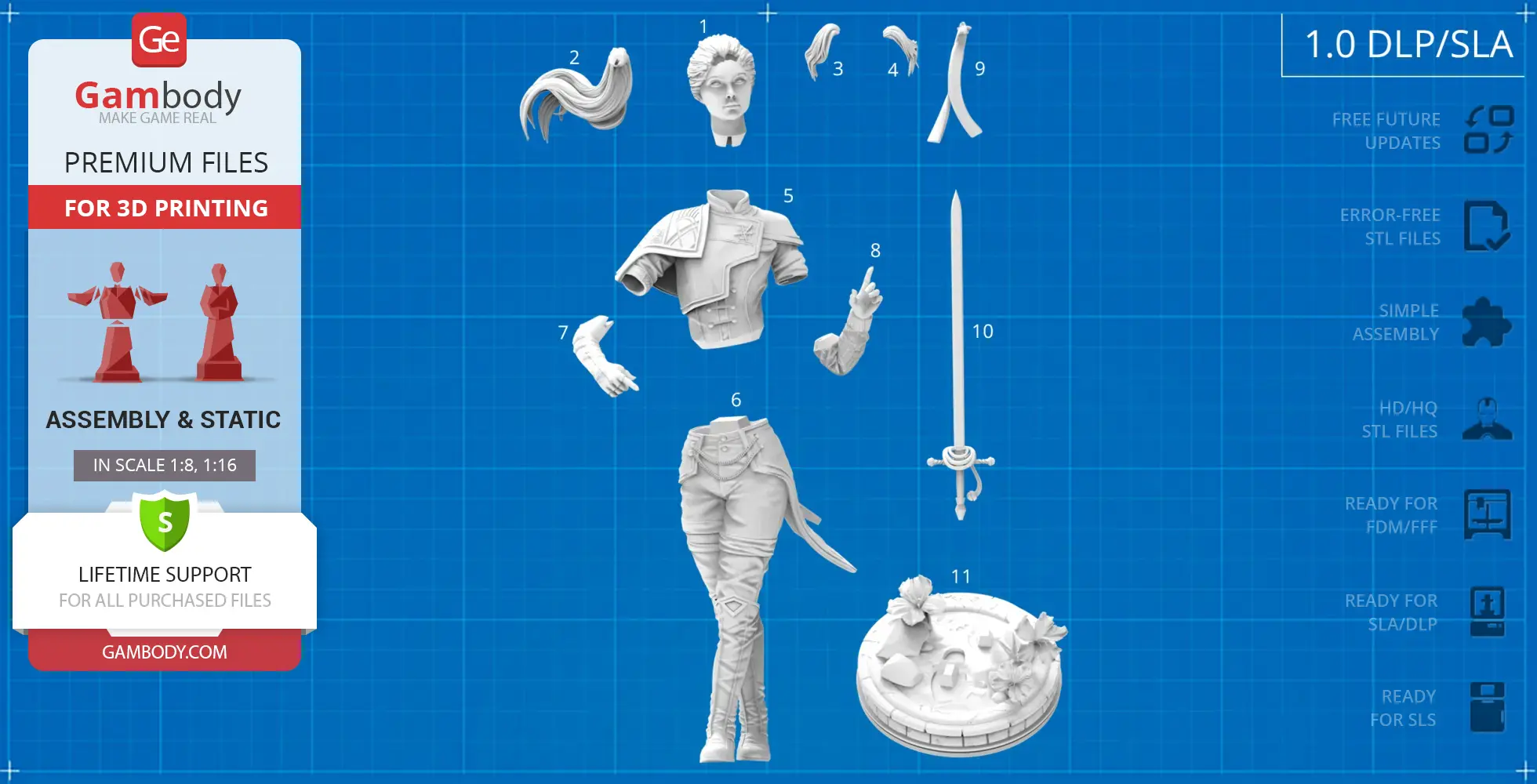 3D print parts of a detailed character model, including head, torso, arms, sword, and base stand.