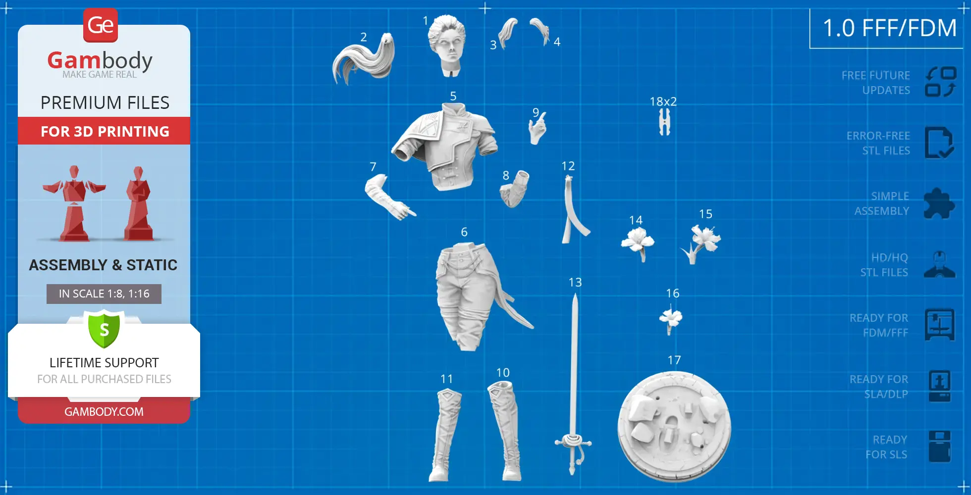 3D printable model set featuring character parts, accessories, and base for assembly on blue grid background.