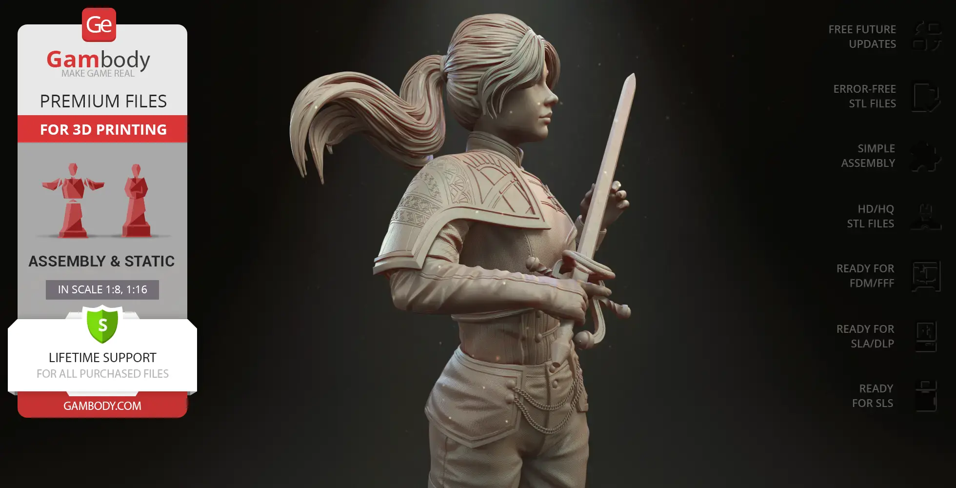 Warrior woman with ponytail and armor holds sword, ready for 3D printing from Gambody.