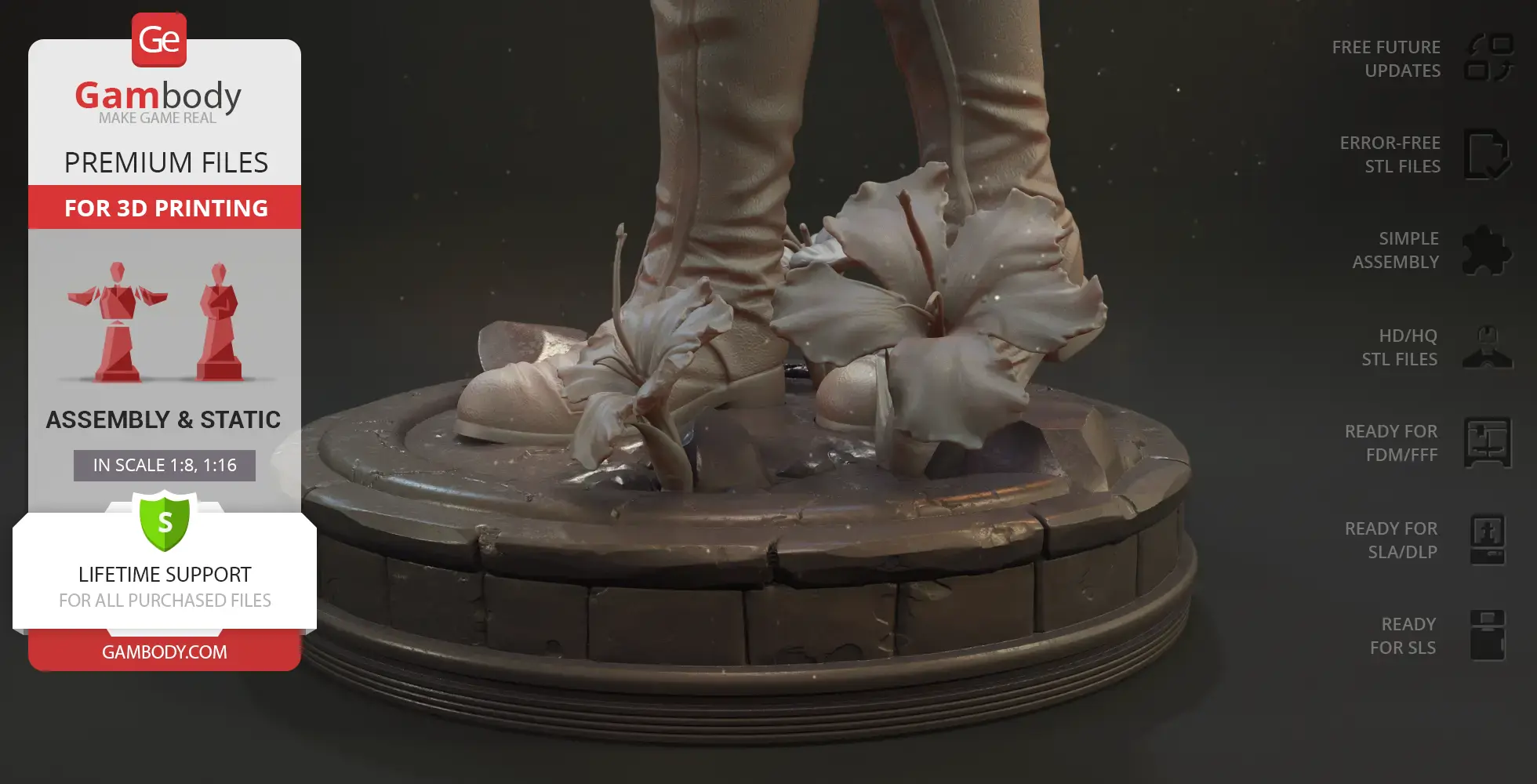 A 3D model base with detailed boots and large flowers, intended for 3D printing.