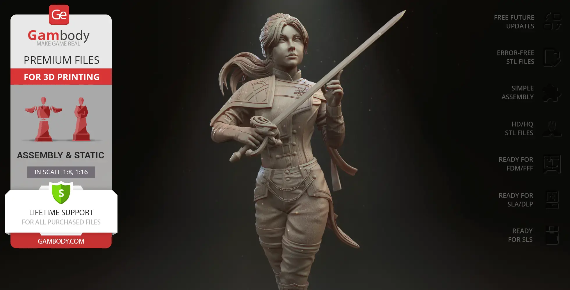 A 3D model of a female warrior in a detailed outfit, holding a sword, available for 3D printing.