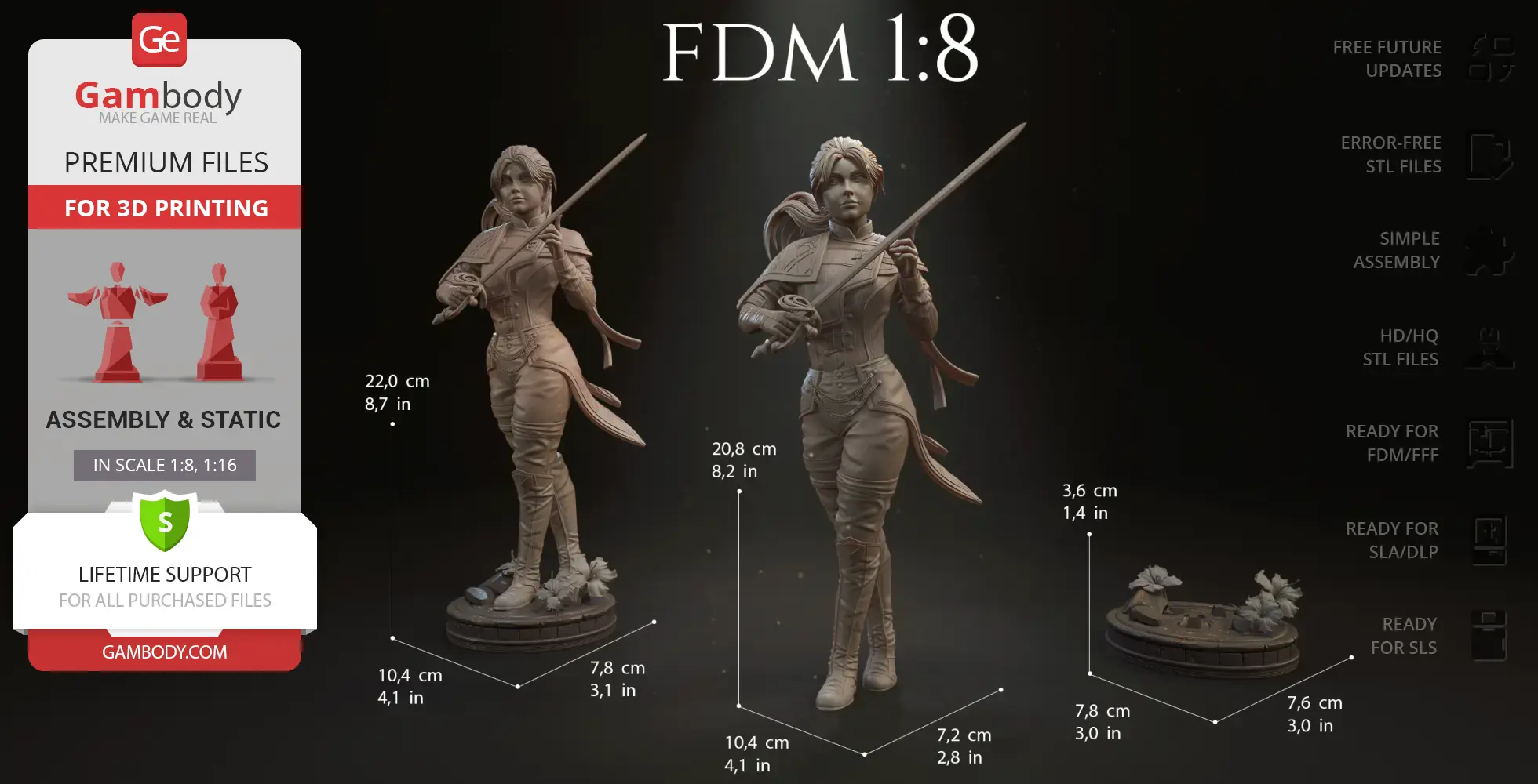 A detailed 3D model of an adventurer in tactical gear, holding a sword, ready for 3D printing assembly.