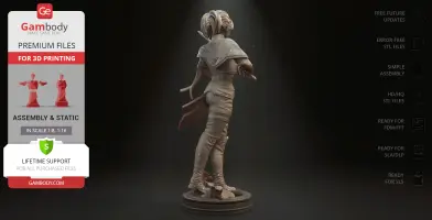 A 3D model of a futuristic character in detailed attire, standing on a base, ready for 3D printing.
