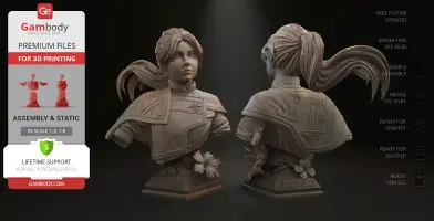 Bust of a ponytailed female character in detailed armor with floral base, suitable for 3D printing.