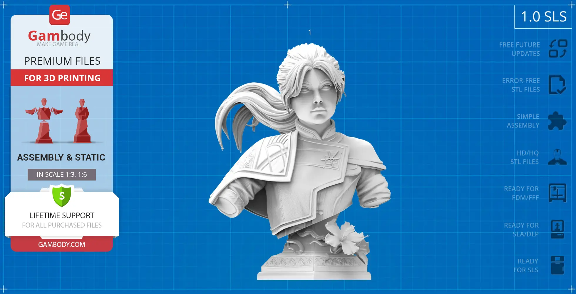 A detailed bust of a character with flowing hair, wearing armor with decorative patterns, on a floral base.