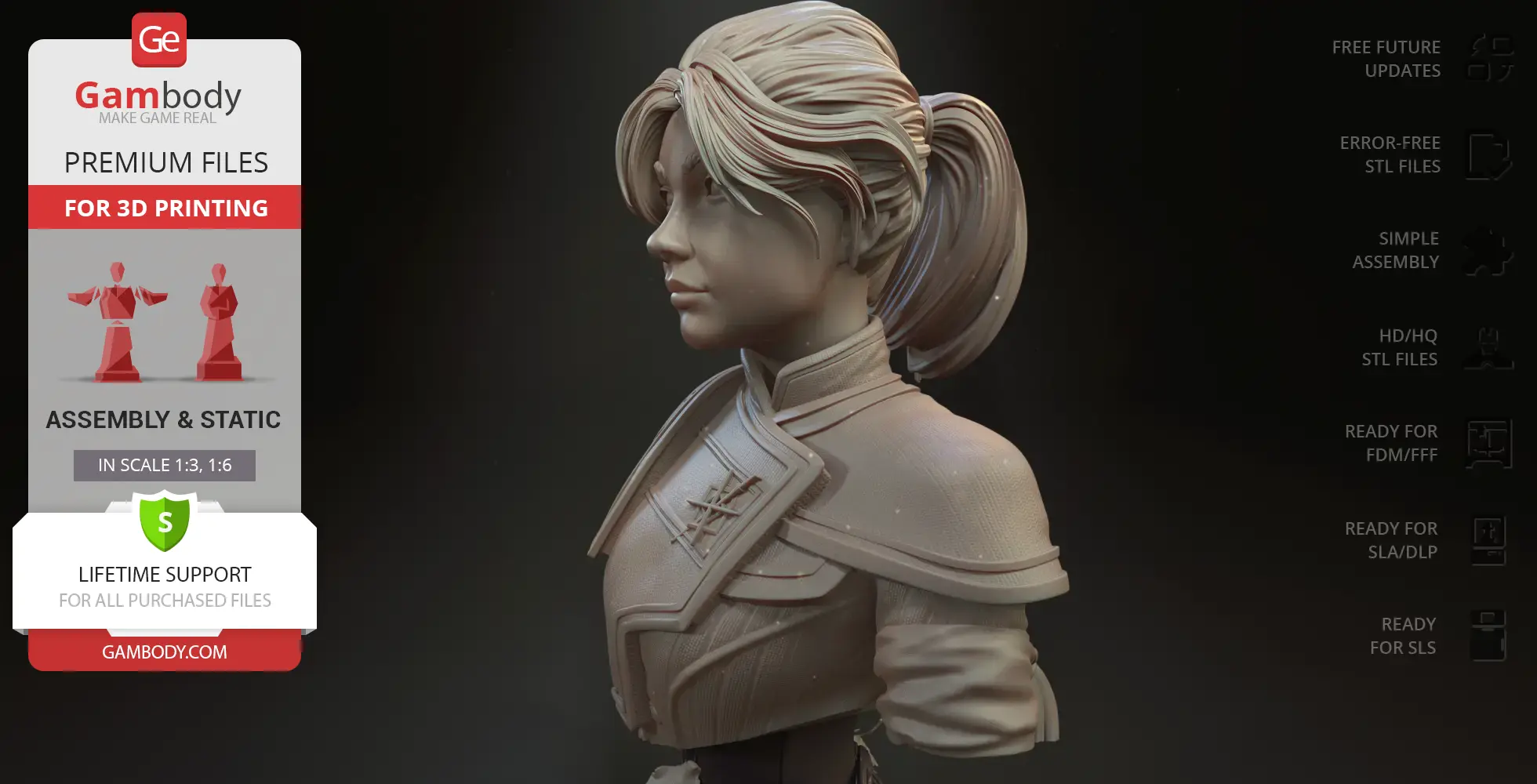 Bust of a woman with detailed attire and tied-back hair, designed for 3D printing.