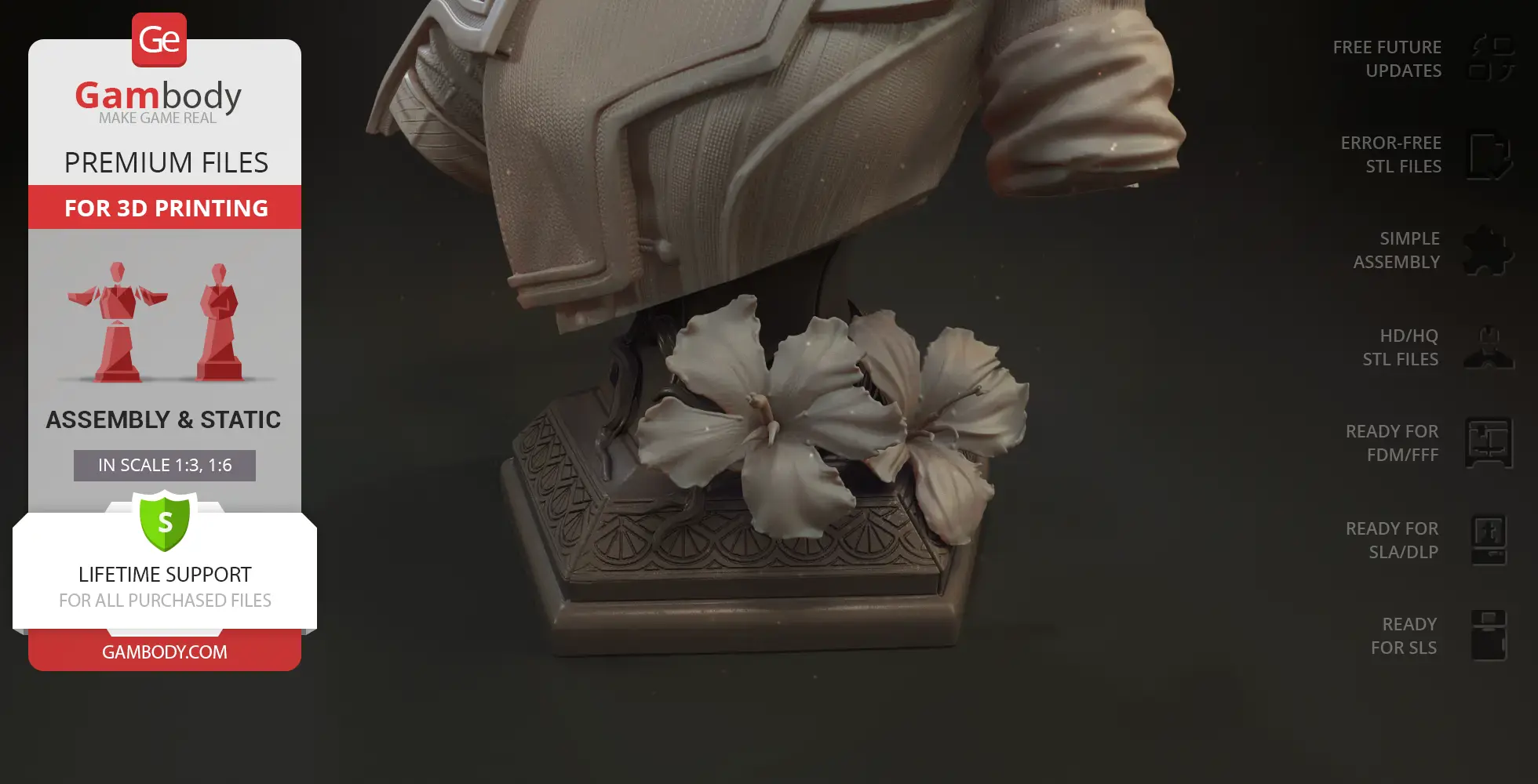 Intricate 3D model bust with detailed floral motifs on a decorative base.