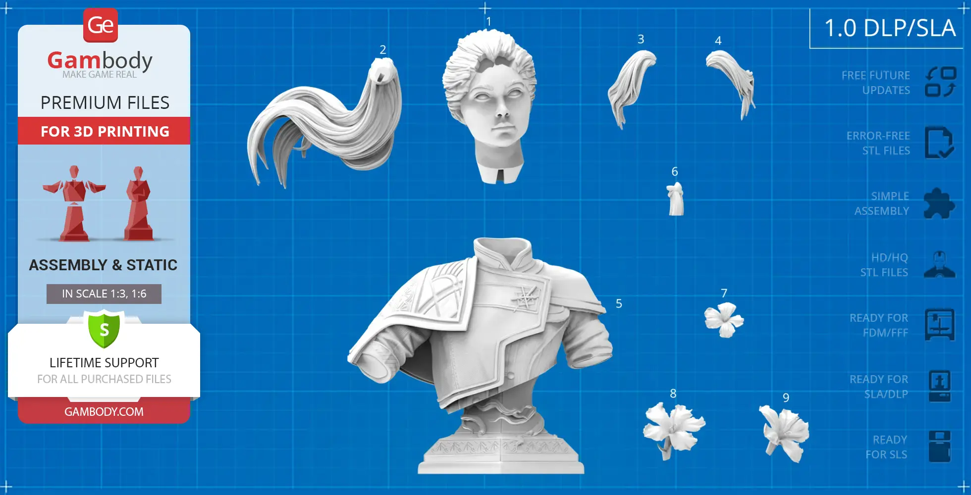 Bust of Maelle Expedition 33 with separate hair and detailed clothing parts for 3D printing.