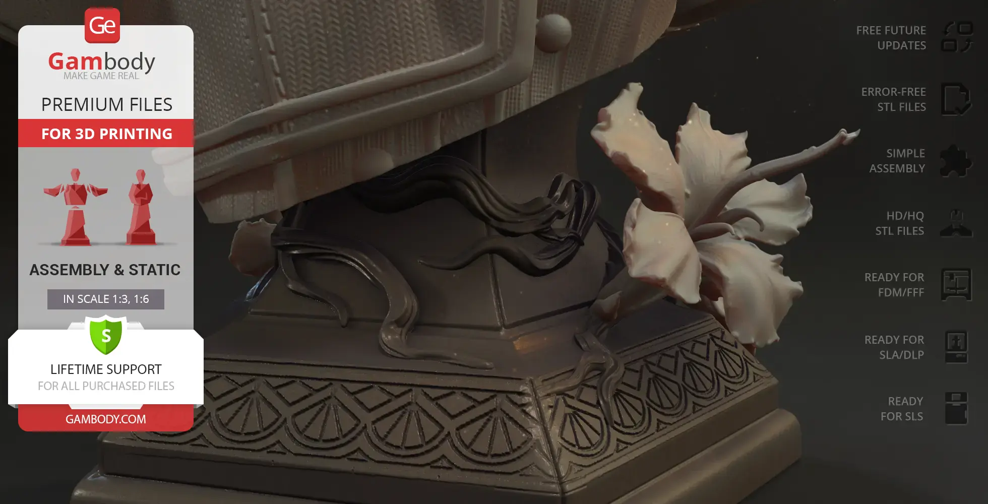 A detailed bust base with floral and wave designs, ready for 3D printing.