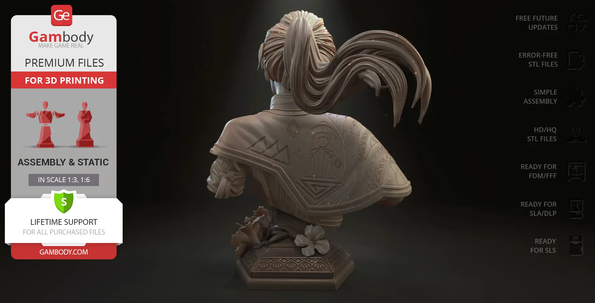 Bust of a figure with detailed hair and cloak, adorned with geometric patterns and floral base.