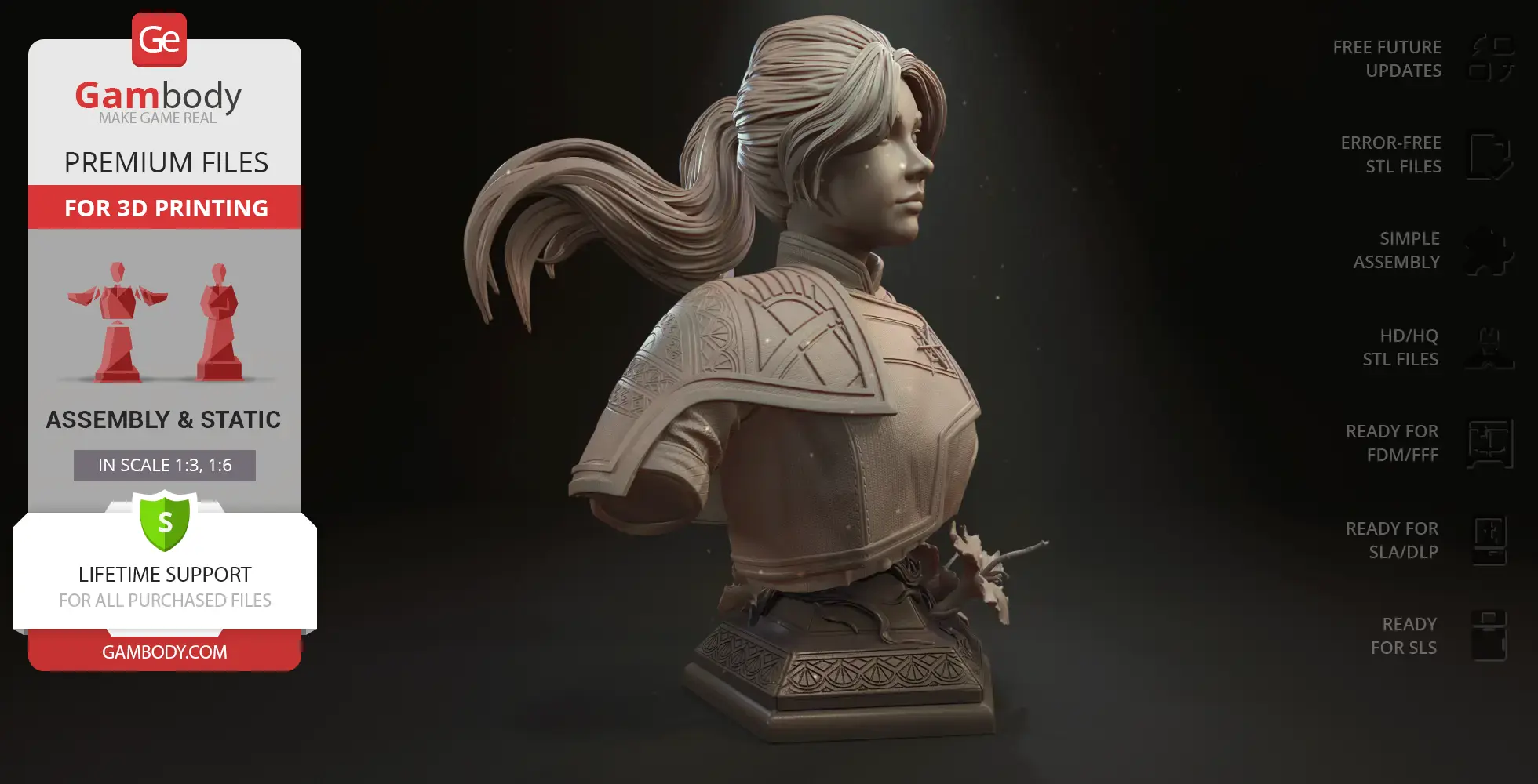 A detailed 3D bust of a woman in armor with intricate designs and a ponytail, suitable for 3D printing.