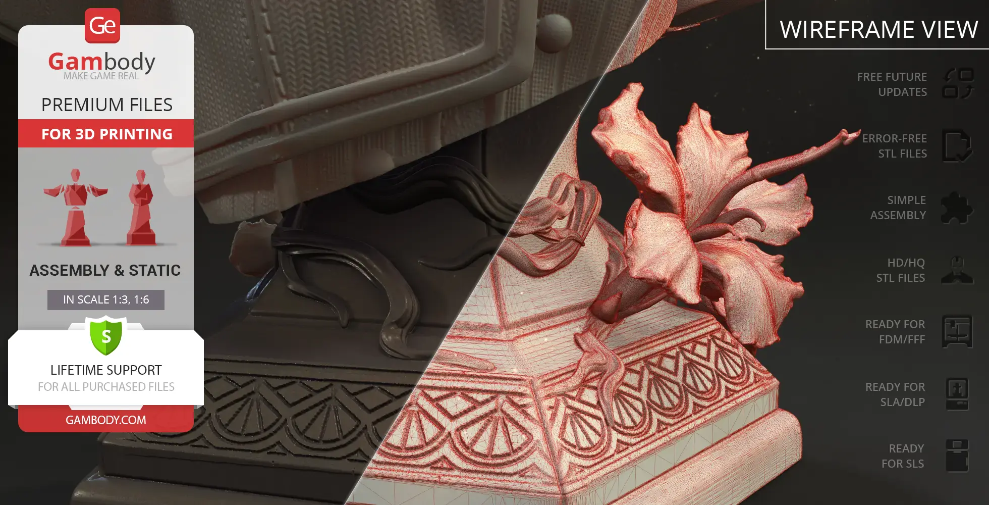 Intricate 3D model bust design with decorative floral elements and detailed wireframe view.